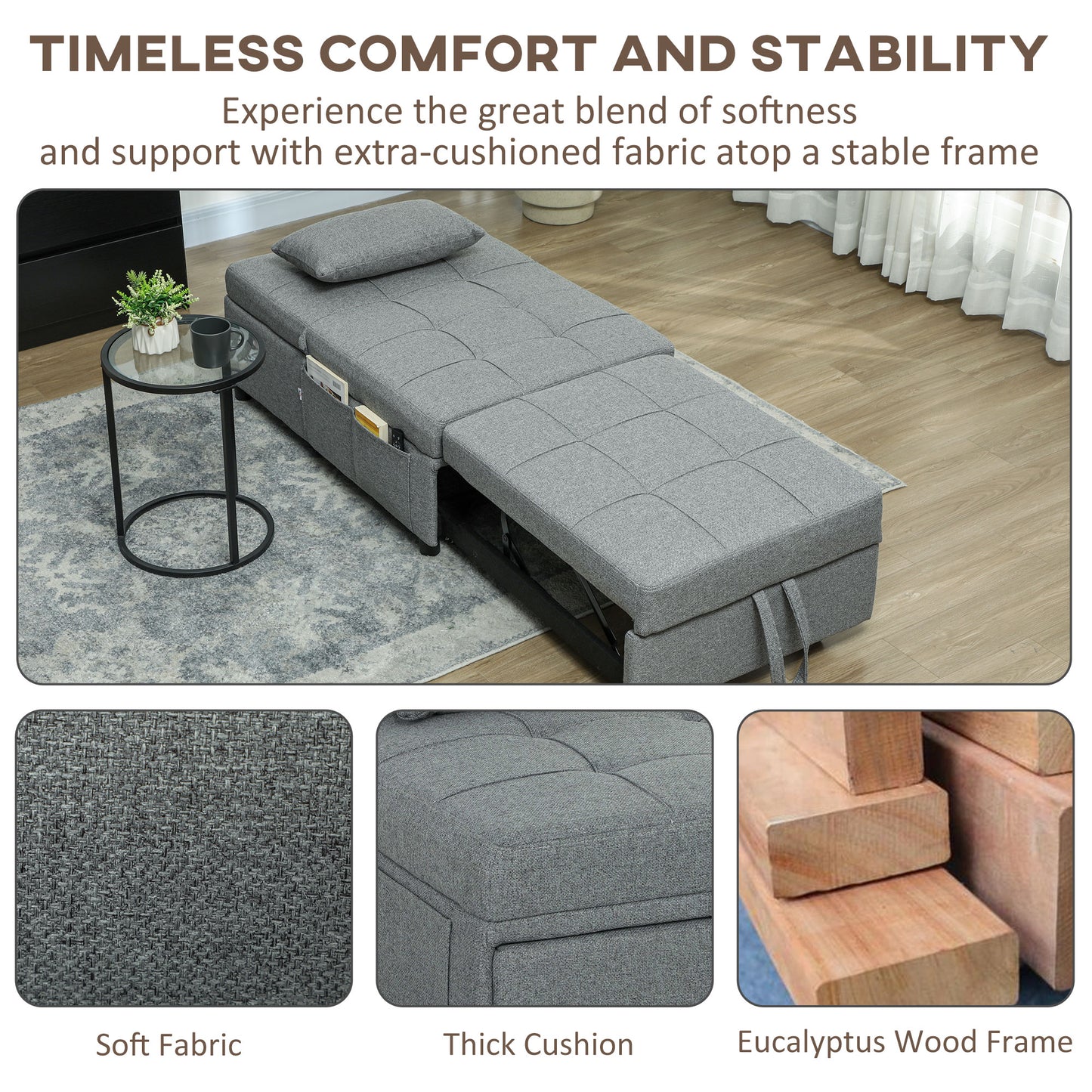HOMCOM Four-In-One Single Sleeper Chair - Dark Grey