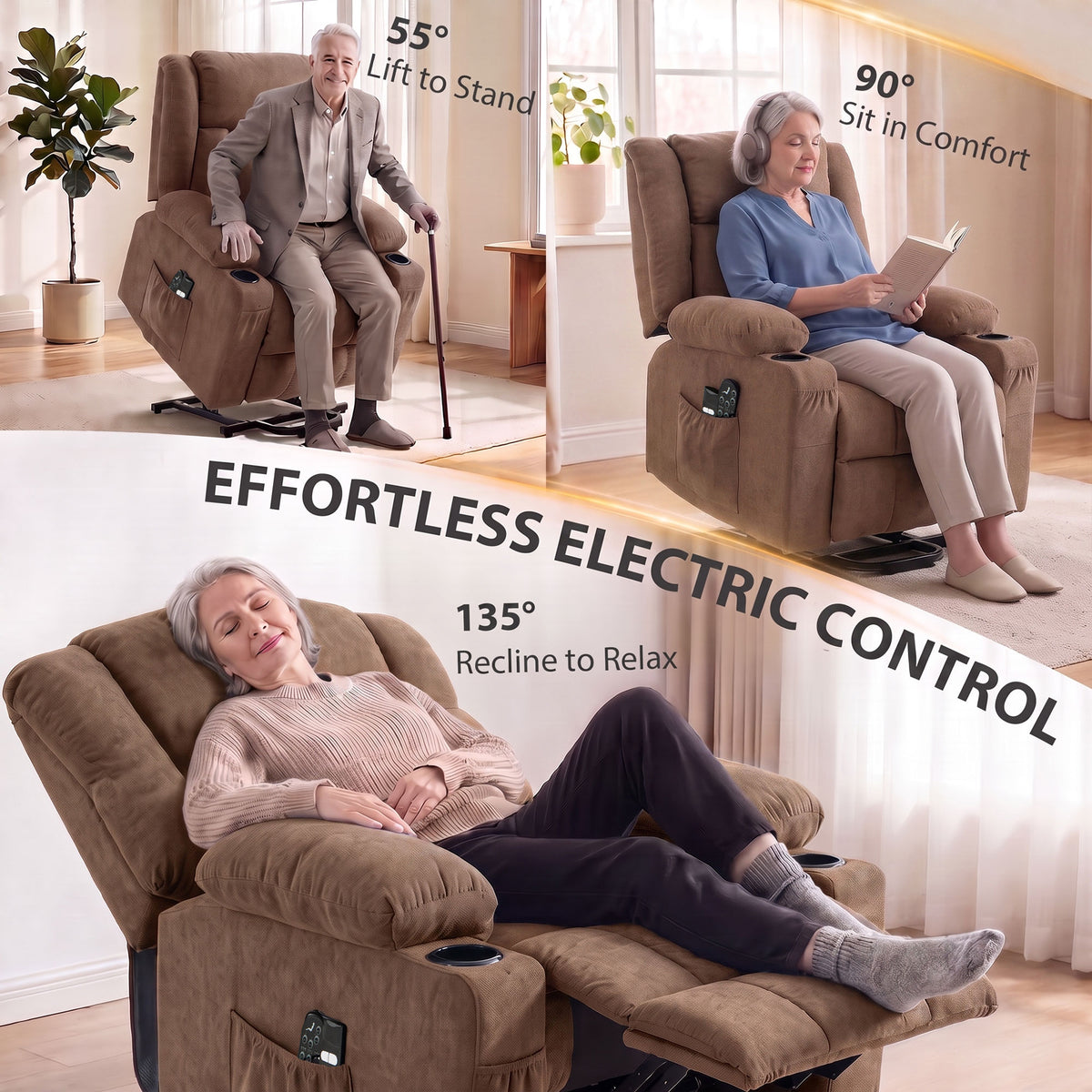 HOMCOM Dual Motor Recliner Chair, 55Â° Electric Lift Chair for Elderly, Recliner Armchair with Massage and Heat, Brown