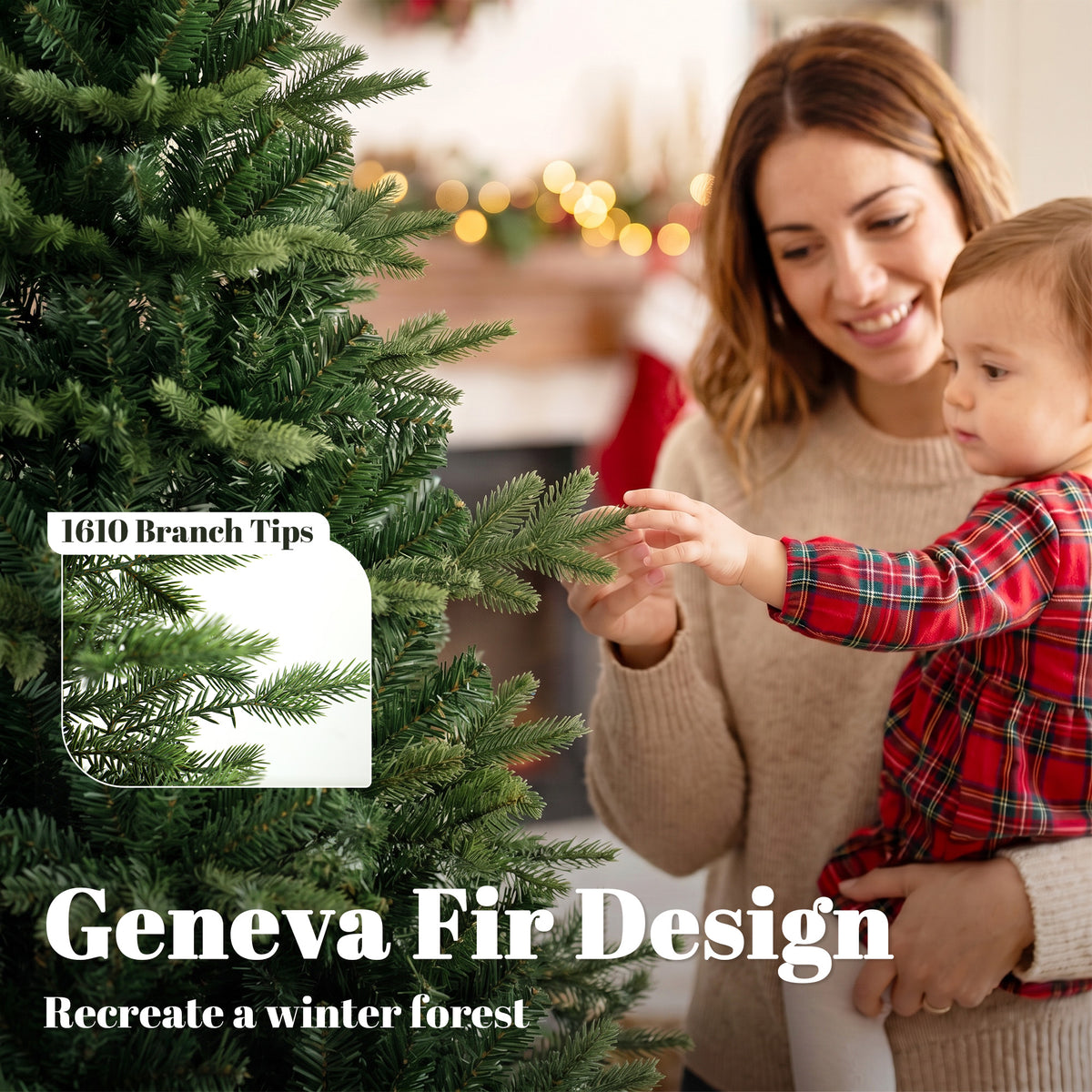 HOMCOM Geneva Fir Hinged Xmas Tree, 6ft/180cm Artificial Christmas Tree with 1610 Branch Tips, Foldable Steel Stand, Green