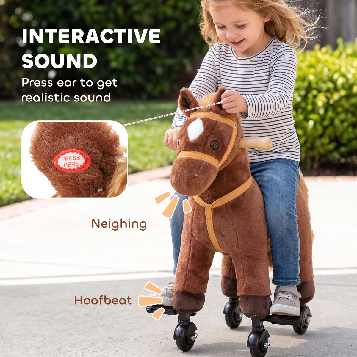 AIYAPLAY Rocking Horse, Plush Ride On Horse with Hoof and Neighing, Rolling Wheels and Pedal for 3-8 Y, Up to 50kg, Dark Brown