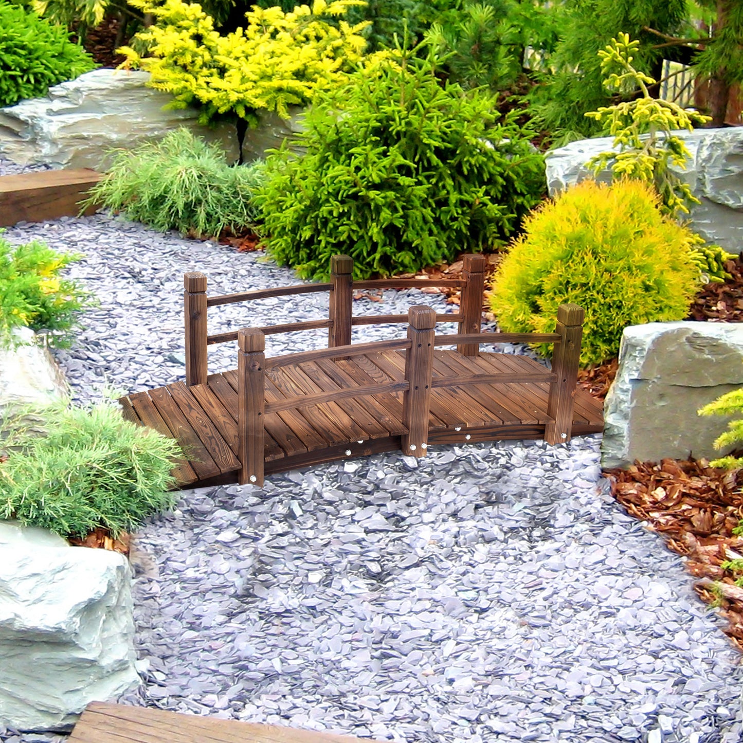 Outsunny 1.5M Wooden Garden Bridge Lawn DÃ©cor Stained Finish Arc Outdoor Pond Walkway w/ Railings Water Yard Decoration