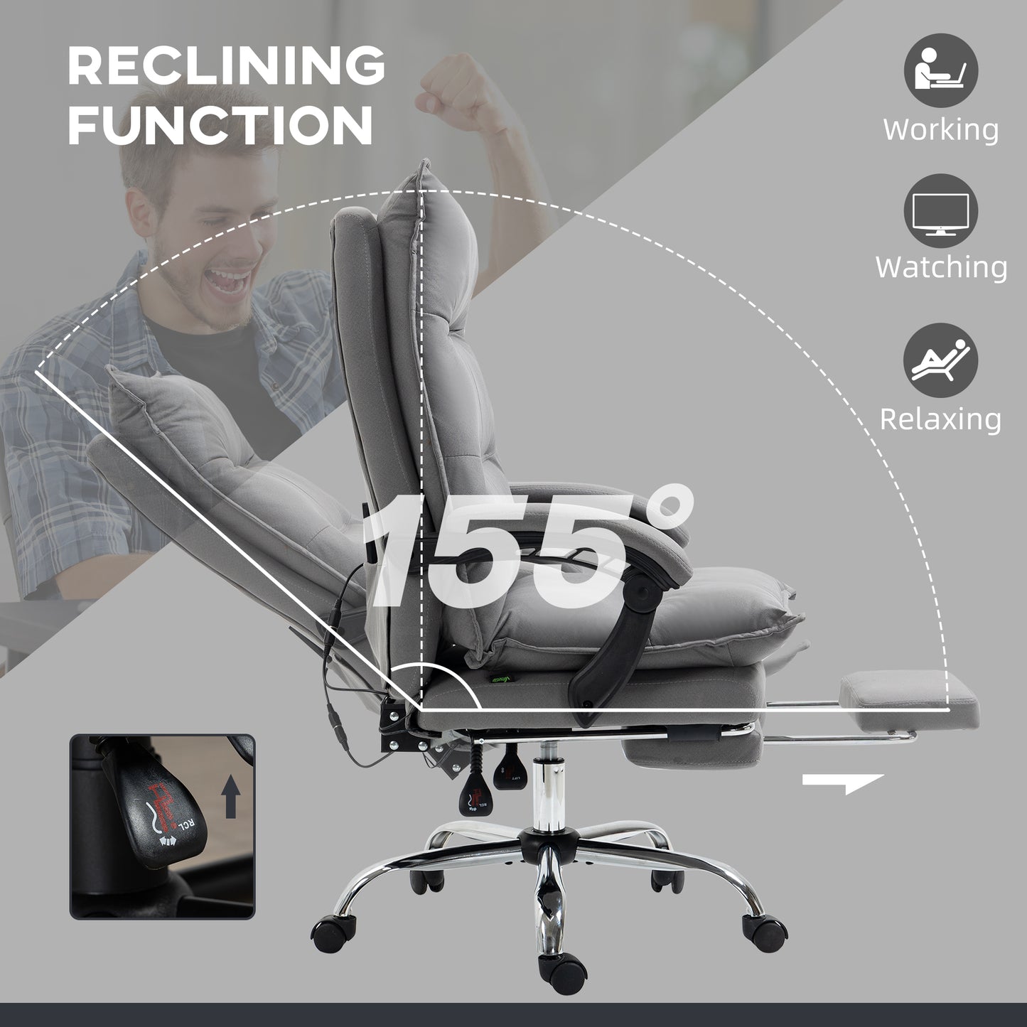 Vinsetto Massage Office Chair with Footrest, Desk Chair with 6 Point Massage and Heat, 155Â° Reclining Back for Home, Thick Padding, Grey