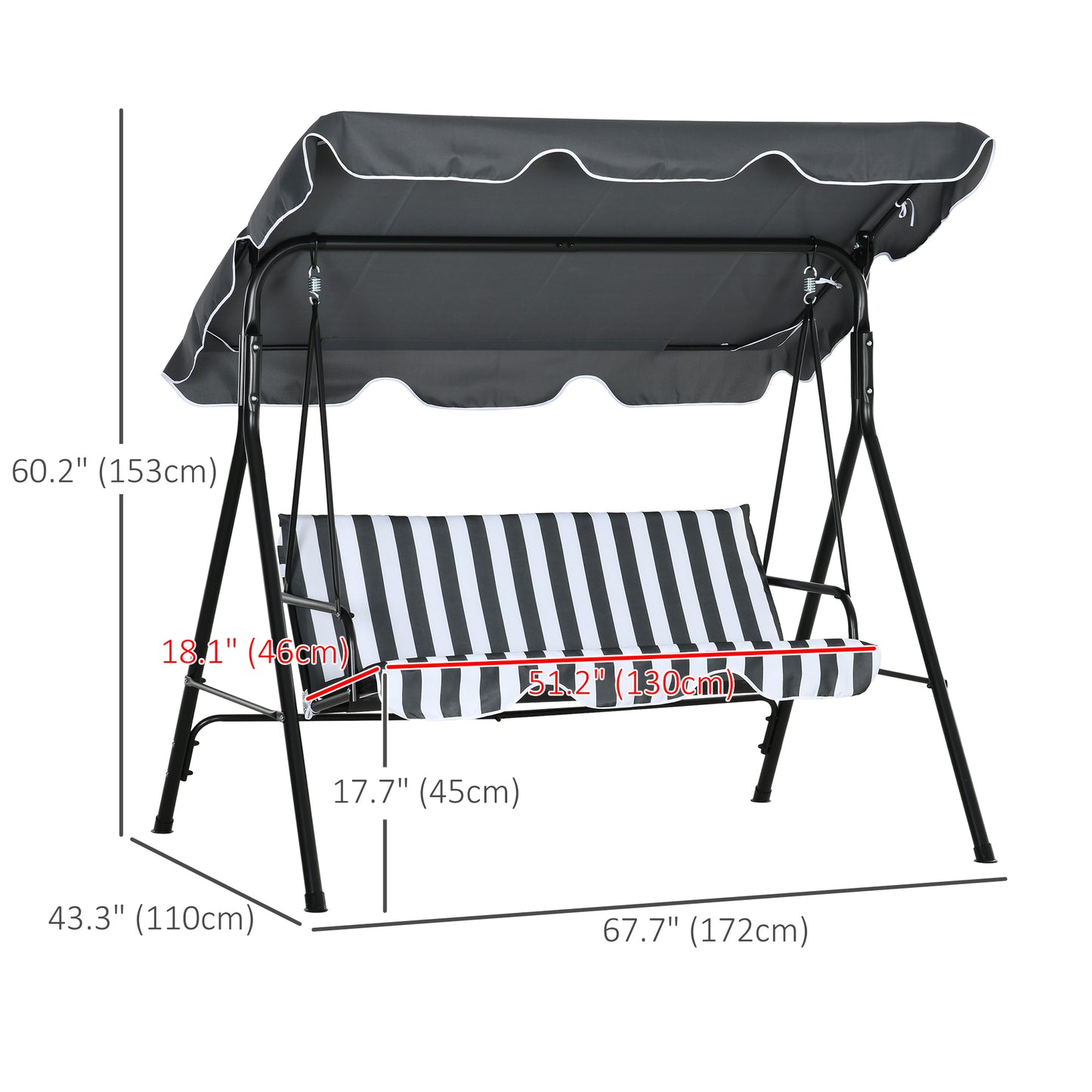 Outsunny 3 Seater Garden Swing Chair, Outdoor Swing Chair with Adjustable Canopy, Mental Frame & Cushions, Grey