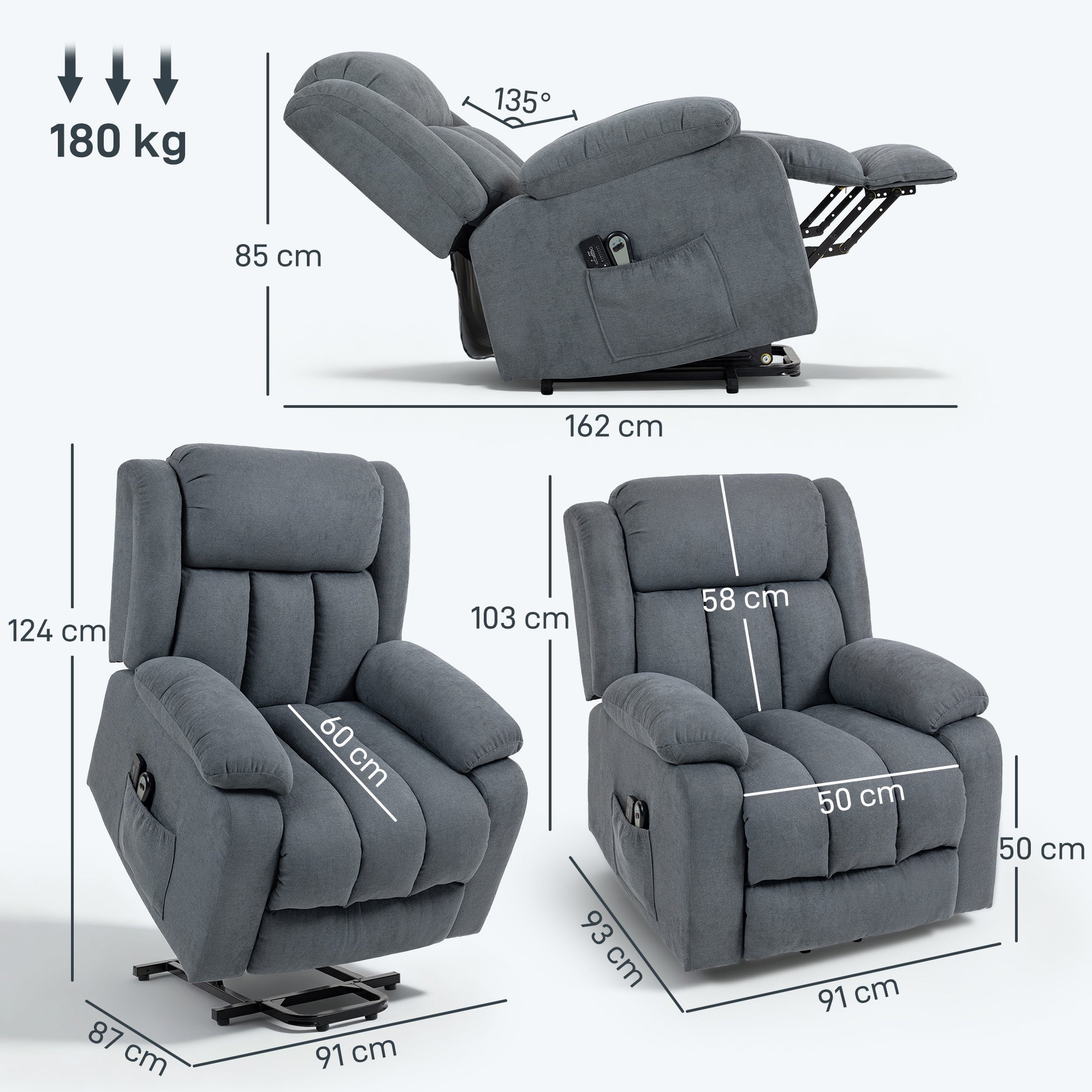HOMCOM Power Lift Recliner Chair with Massage, Overstuffed Lift Chair for Elderly with Footrest, Remote and Side Pocket, Grey