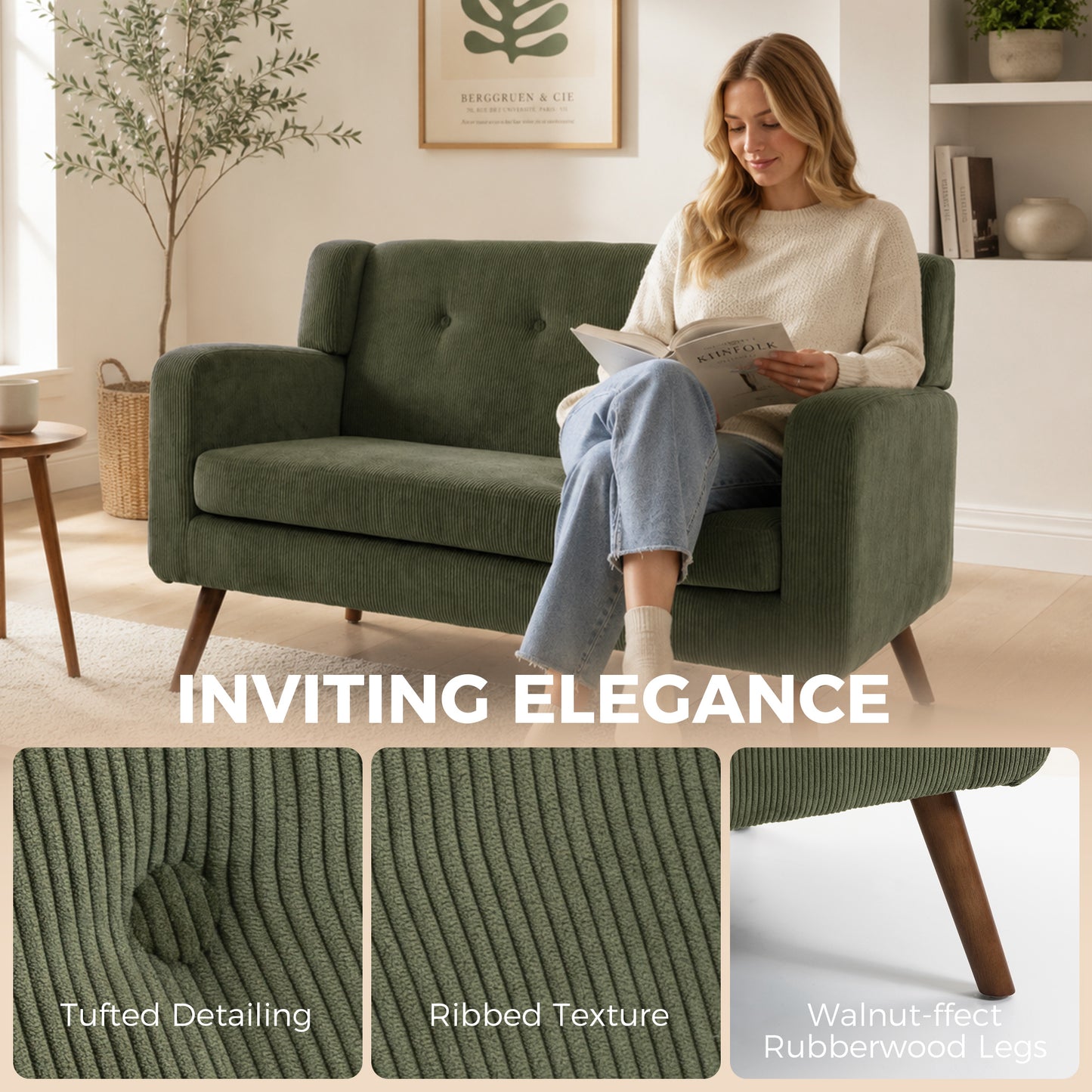 HOMCOM 2 Seater Sofa, 118 cm Corduroy Small Loveseat with Spring Cushion, Wood Legs for Small Space, Living Room, Dark Green