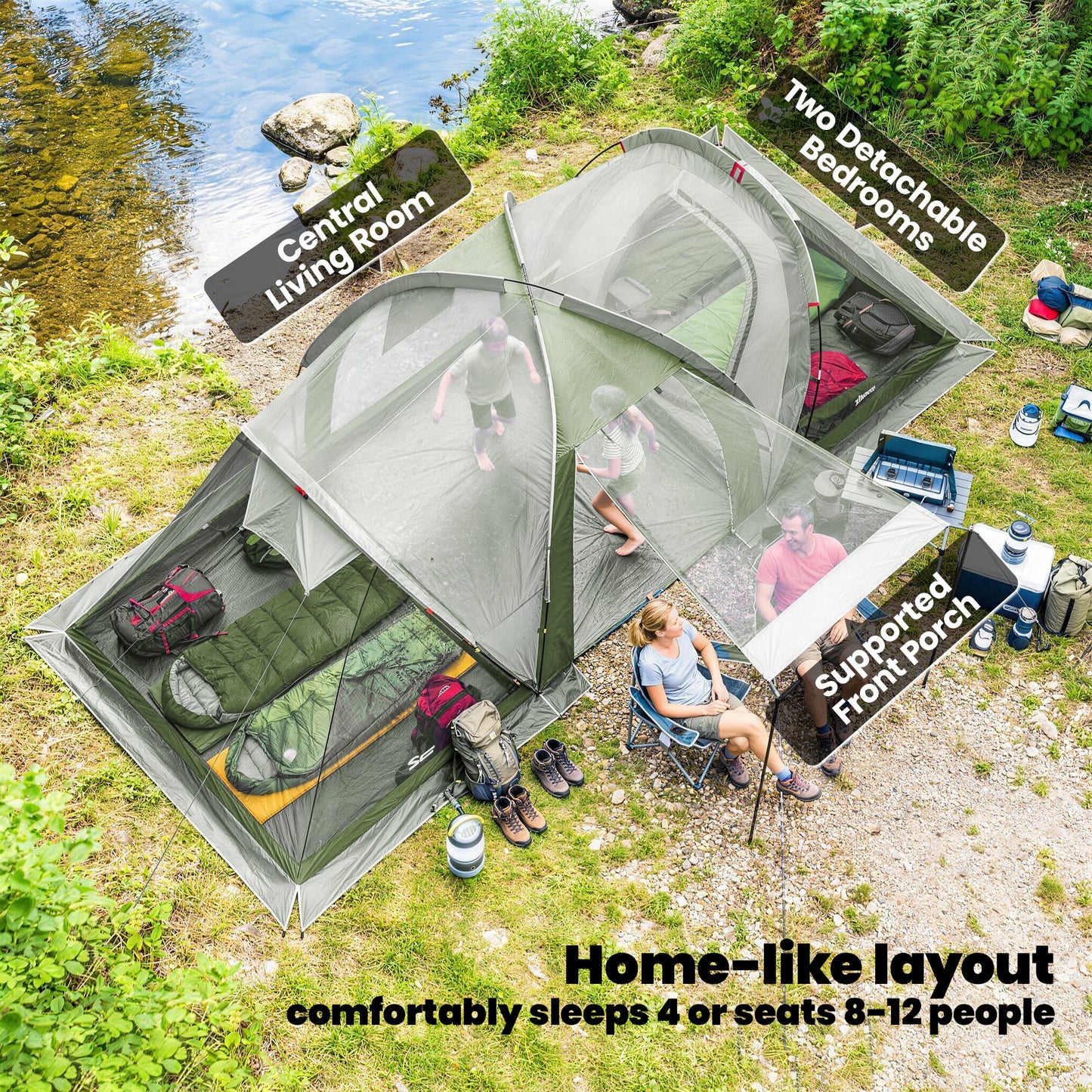 Outsunny Family Camping Tent 3000mm Waterproof Windproof Tunnel Tent 8-12 Person Two Bedrooms Green