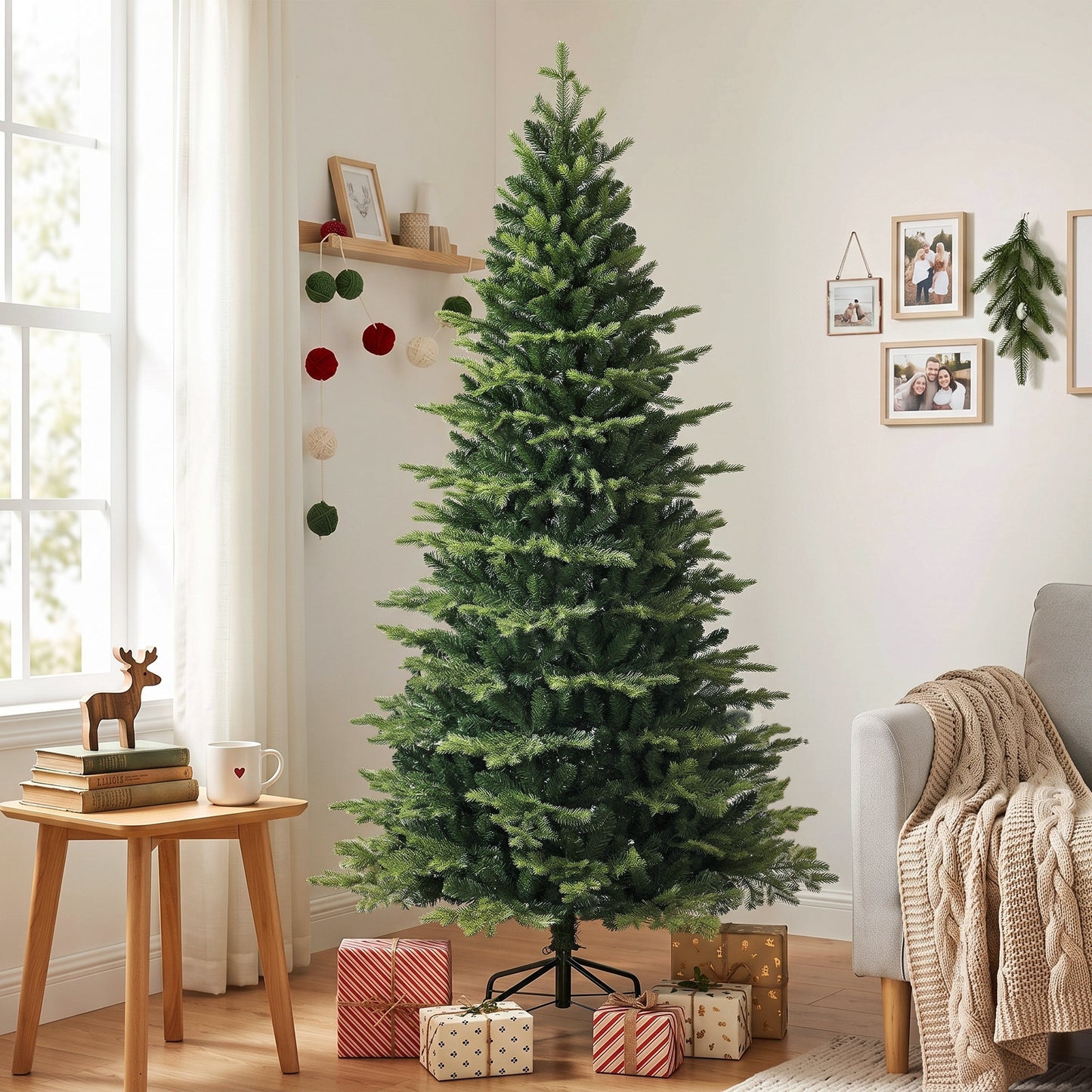 HOMCOM Geneva Fir Hinged Xmas Tree, 7ft/210cm Artificial Christmas Tree with 2079 Branch Tips, Foldable Steel Stand, Green