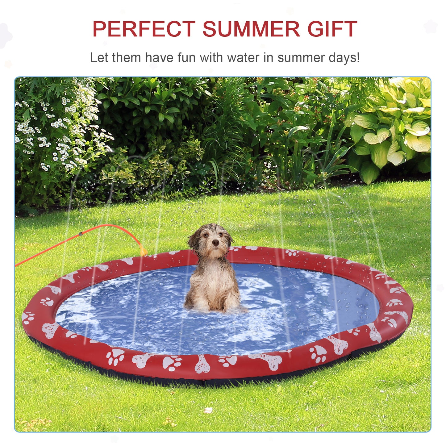 PawHut Dog Splash Pad, Pet Sprinkler Mat, Non-Slip Dog Paddling Pool, Foldable Outdoor Sprinkler and Splash Mat Water Play for Garden, Patio, Summer Fun, 170 cm
