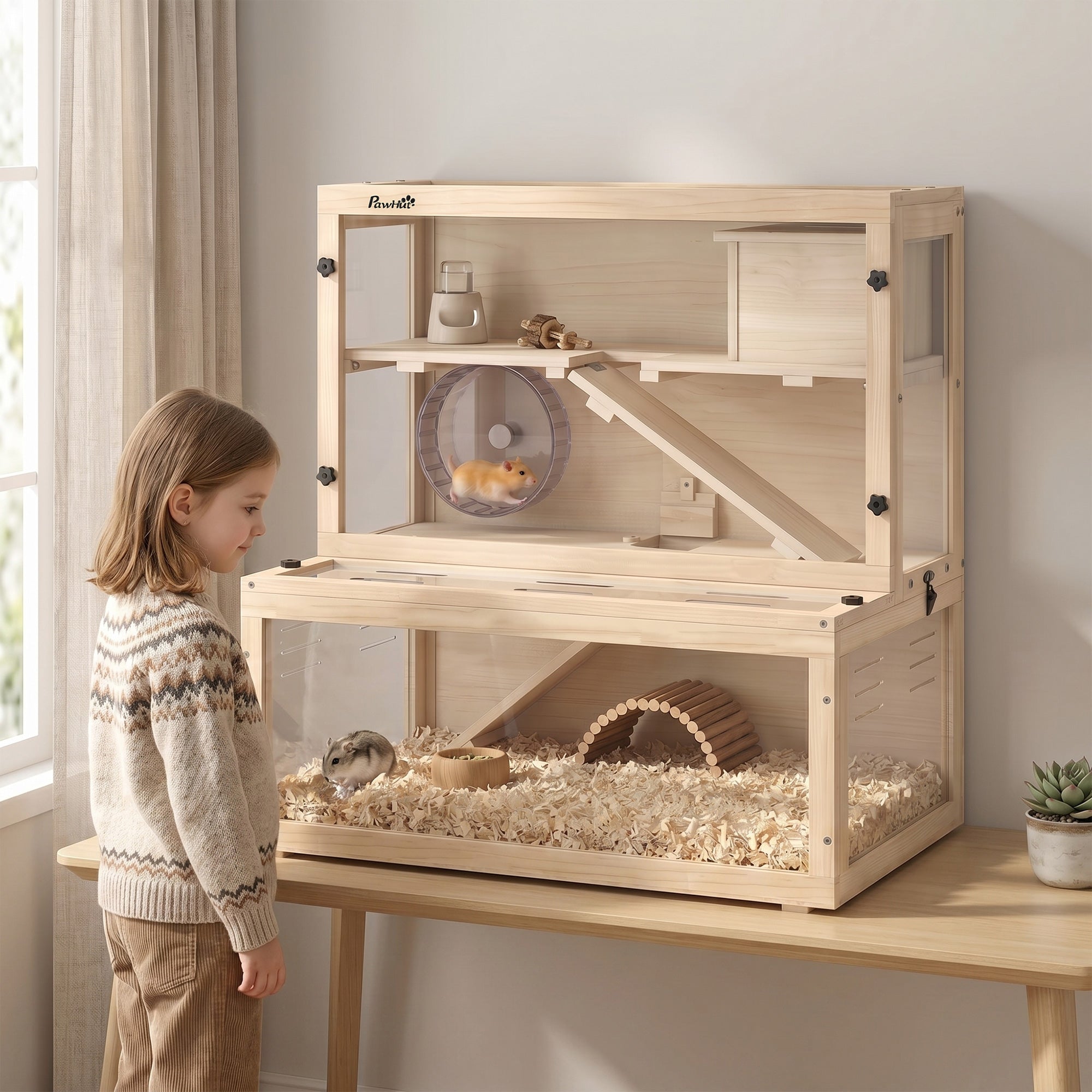 Hamster Ramp PawHut Wooden Hamster Cage with Hut, Wheel, Ramps, Removable Viewing P ...