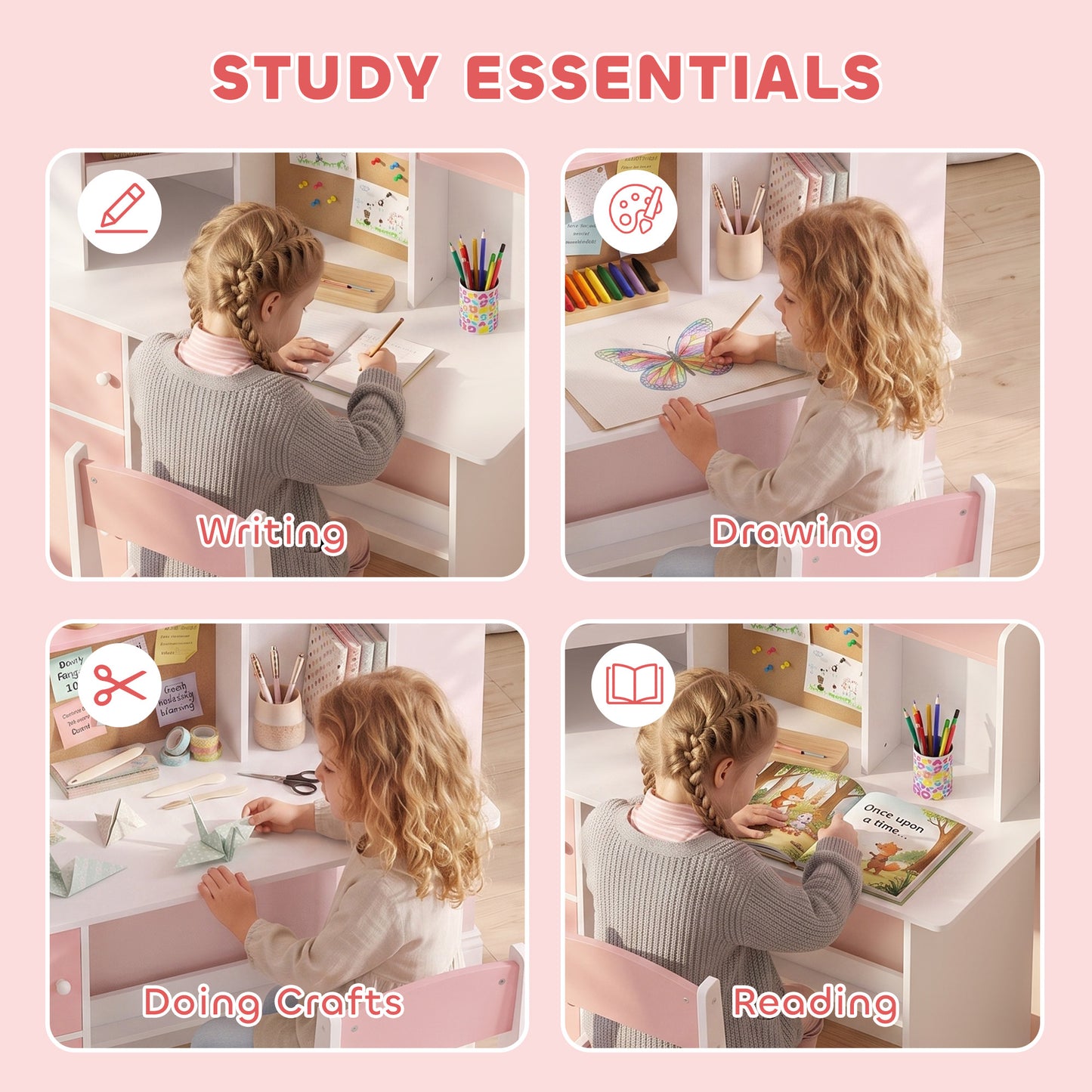 AIYAPLAY Kids Desk and Chair Set Storage Shelves Kids Desk Adjustable Tablet Stand Cork Board Pen Holder Pink