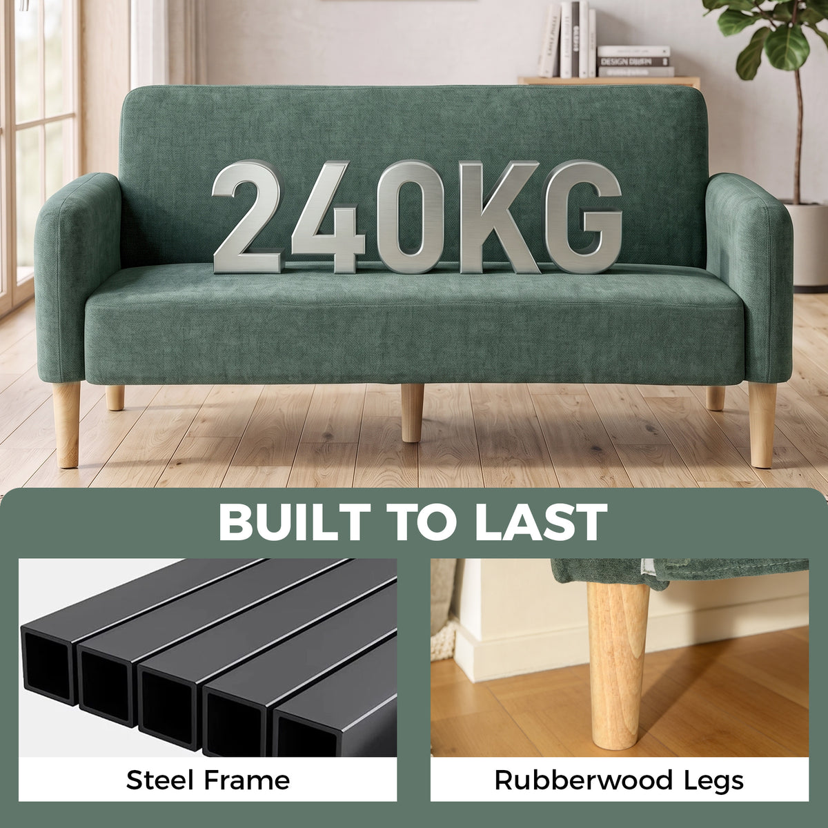 HOMCOM 2 Seater Sofa, Velvet Small Couch with 20cm Thick Padding, Wide and Deep Seat, Dark Green