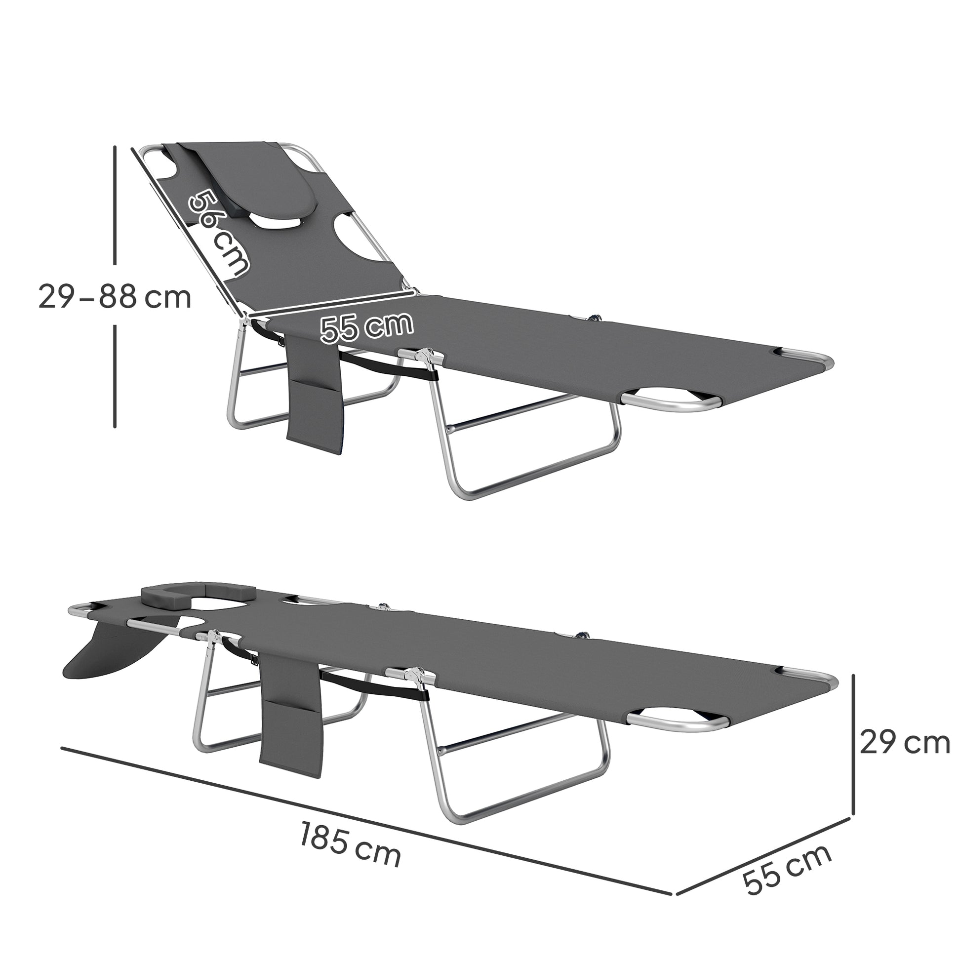 Outsunny Foldable Sun Lounger Set of 2, Beach Chaise Lounge with Reading Hole, Arm Slots, 5-Position Adjustable Backrest, Side Pocket, Pillow for Garden, Beach, Pool, Dark Grey