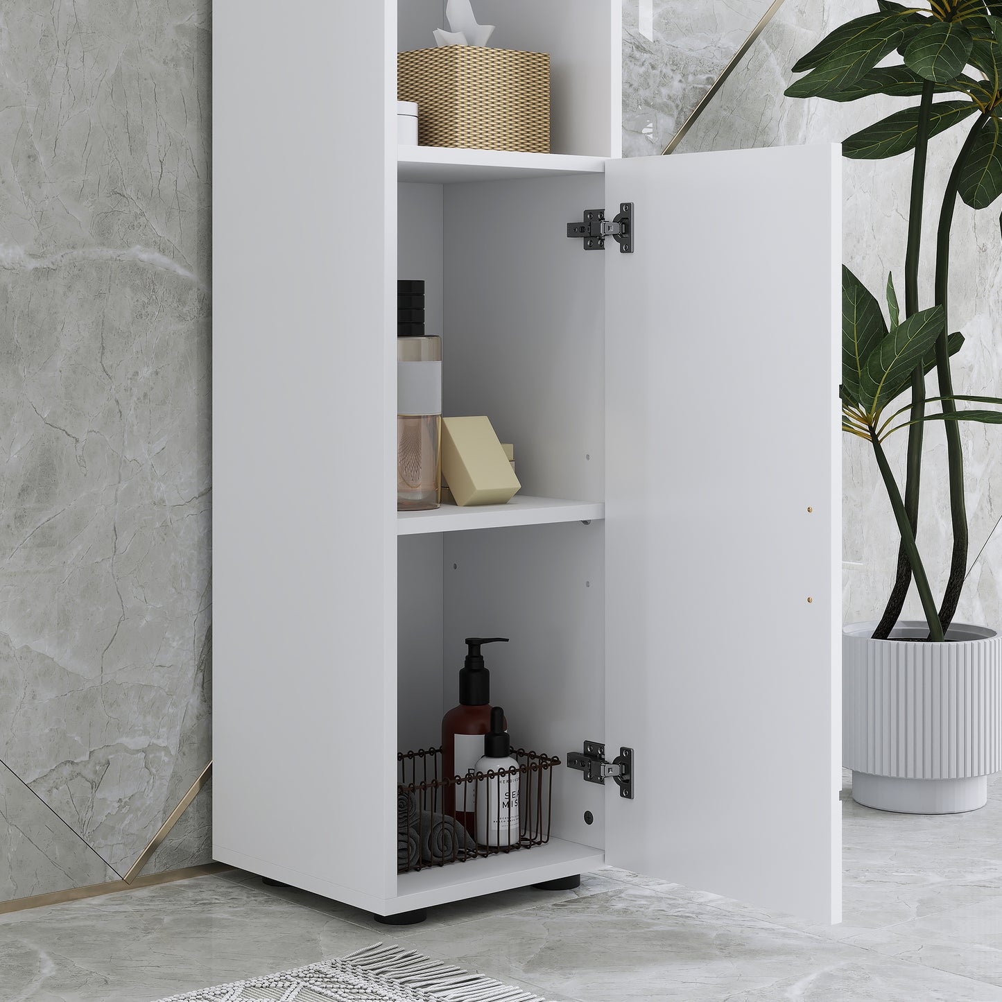 kleankin Line Embossed Tall Bathroom Storage Cabinet - White