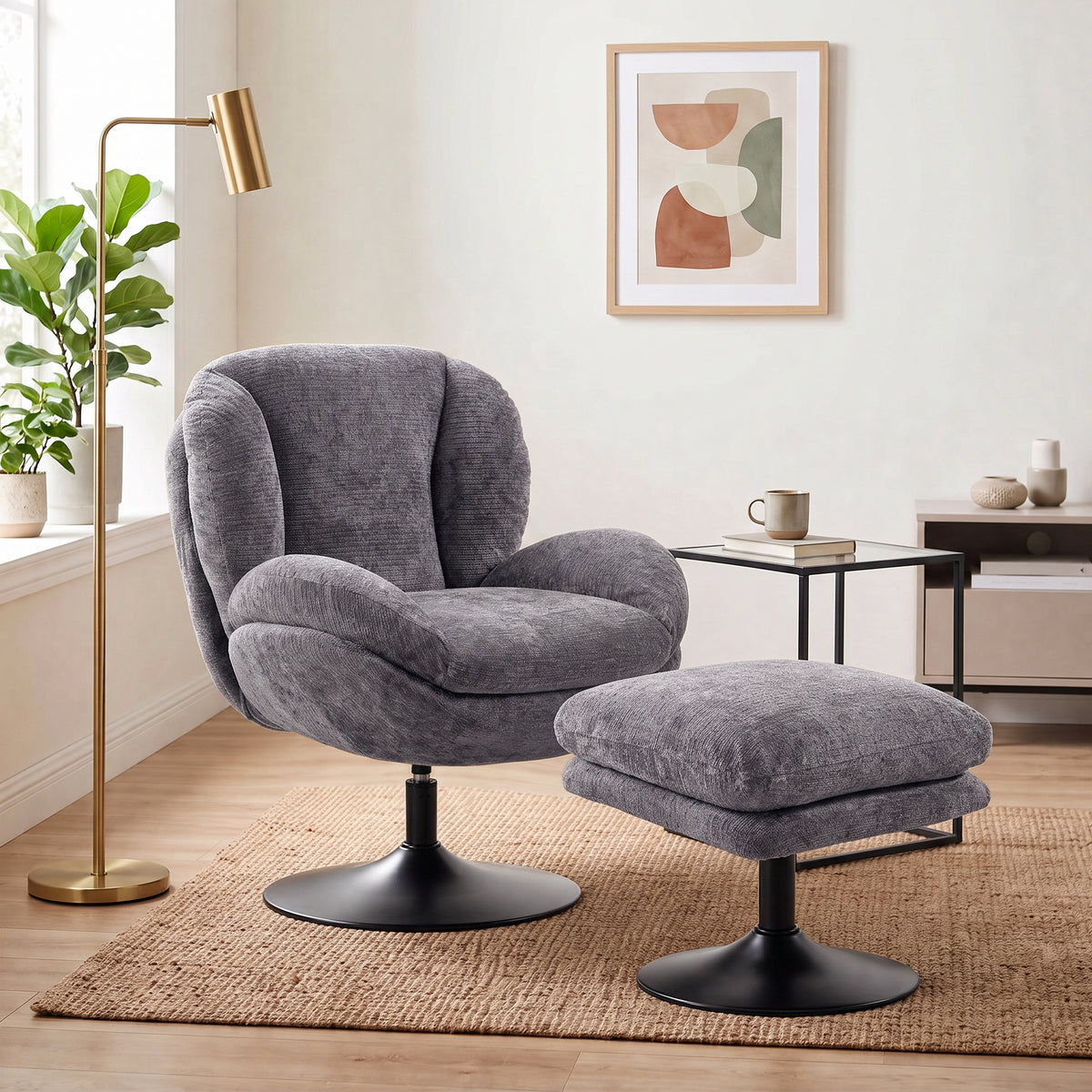 HOMCOM Modern Chenille Lazy Chair with Ottoman, 360Â° Swivel, Upholstered Reading Seat Set for Living Room, Dark Grey