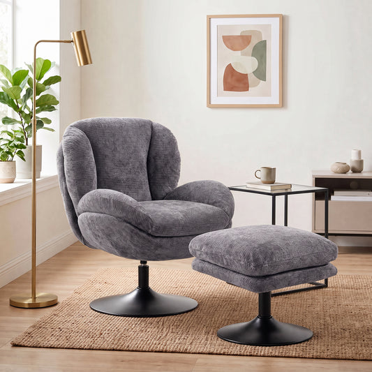 HOMCOM Modern Chenille Lazy Chair with Ottoman, 360Â° Swivel, Upholstered Reading Seat Set for Living Room, Dark Grey