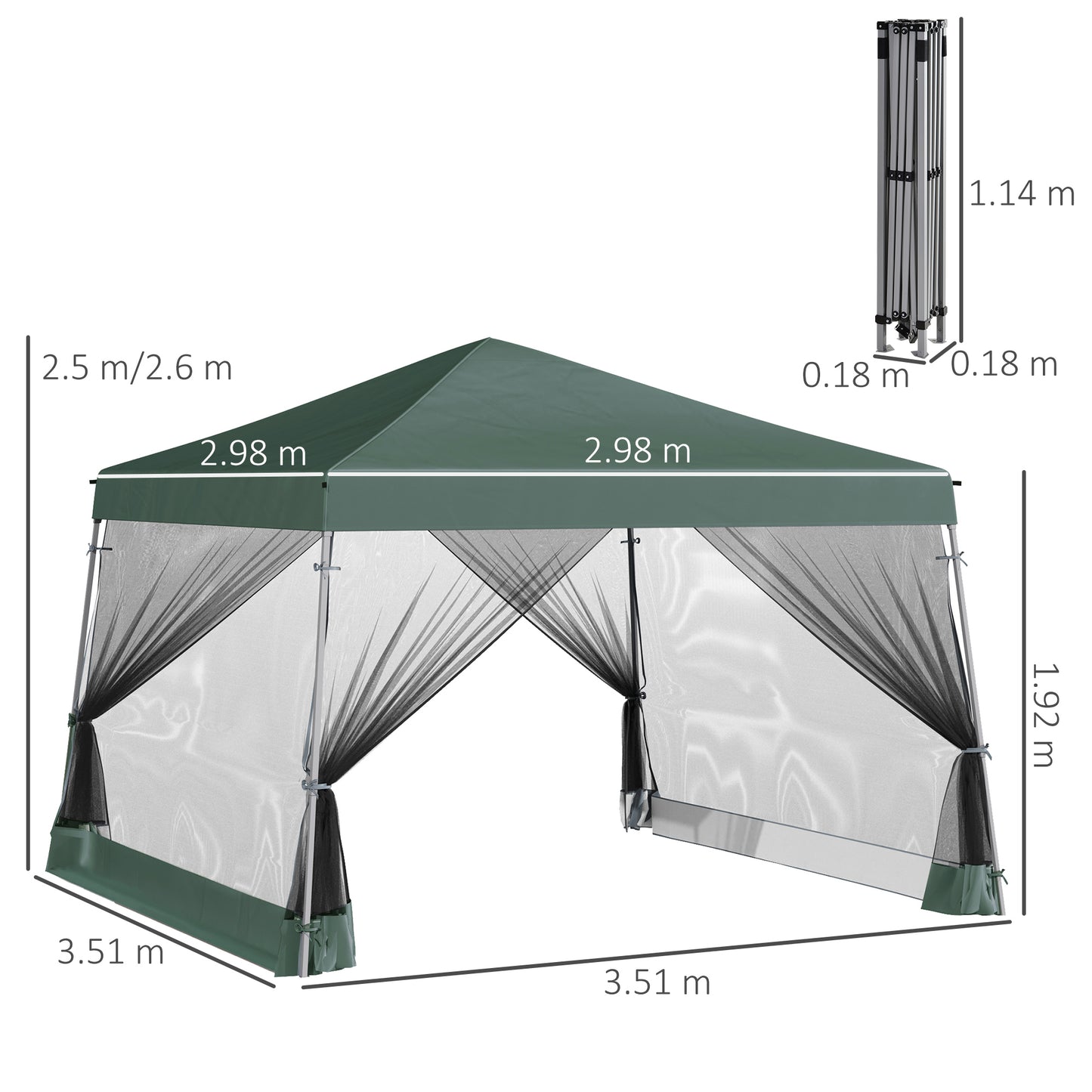 Outsunny Outdoor Garden Pop-up Gazebo Canopy Tent Sun Shade Event Shelter Folding with Adjustable Height, Mesh Screen Side Walls 3.5 M Ã— 3.5 M Base / 3 M Ã— 3 M Top, Green