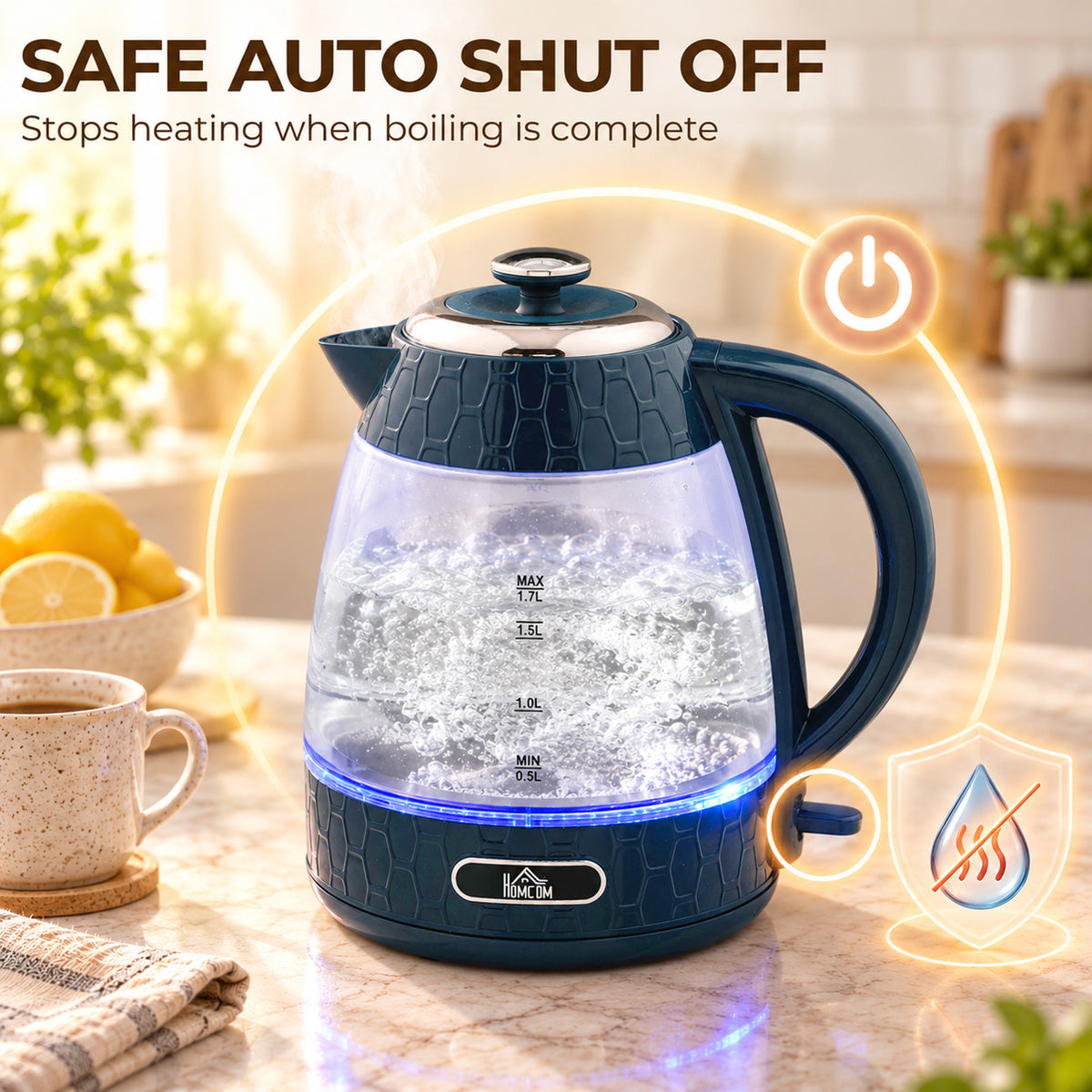 HOMCOM Kettle and Toaster Set, 1.7L 3000W Rapid Boil Jug Kettle with Limescale Filter, 4 Slice Toaster, Blue