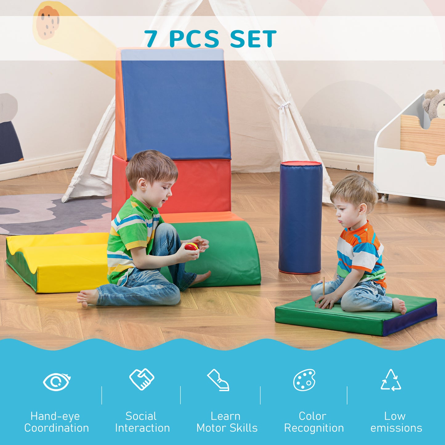 HOMCOM Soft Play Set, 7 Piece Foam Blocks, Toddler Climb and Crawl Activity Set for 1-3 Years, Soft Play Equipment for Building and Stacking, Educational Play, Red