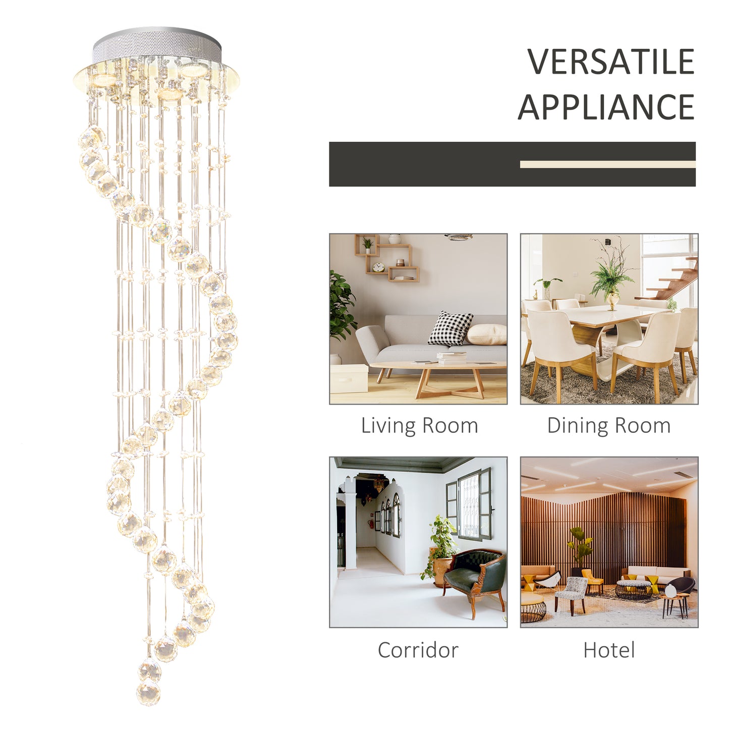 HOMCOM Modern Crystal Chandelier Ceiling Light Pendant Lamp Chrome Finish Glass Droplets New, Ð¤30 x 120cm