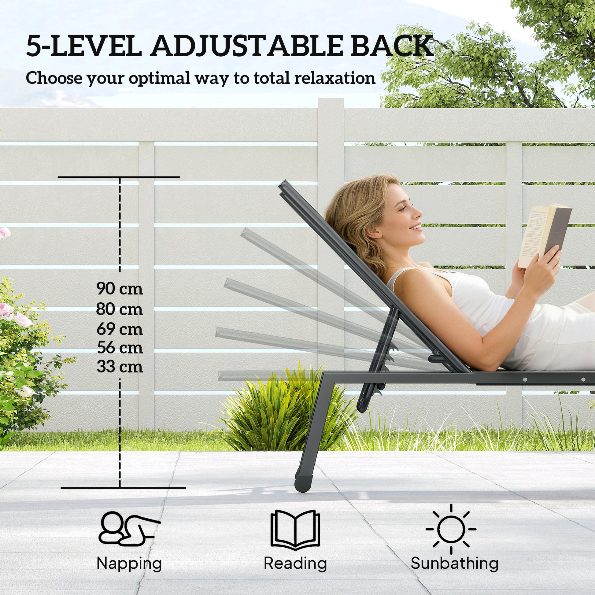 Outsunny Sun Loungers Set of 2 with Side Tray Table, Garden Recliners with 5-Position Adjustable Backrest, 2 Wheels, Khaki