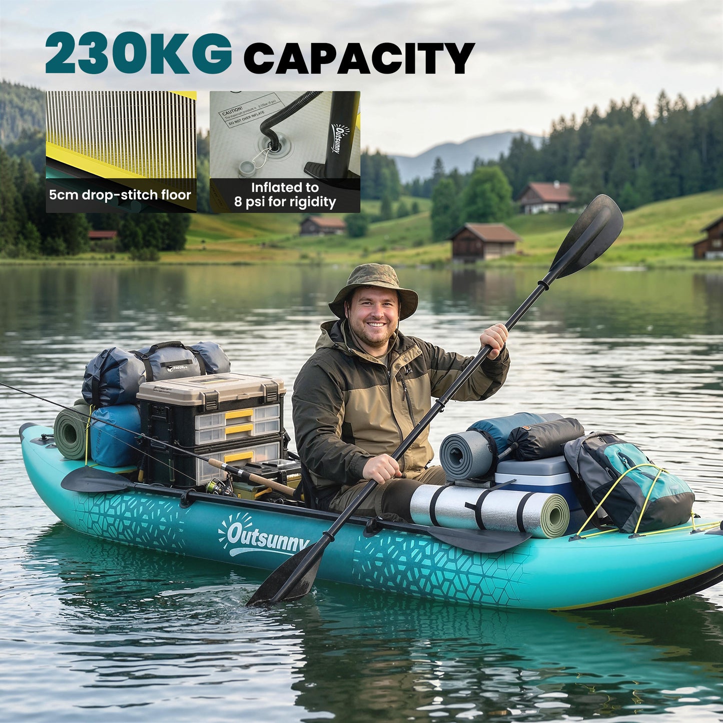 Outsunny 12.5' Inflatable Kayak Set, 2-person Sit on Canoe with Aluminium Oars, Blue and Yellow