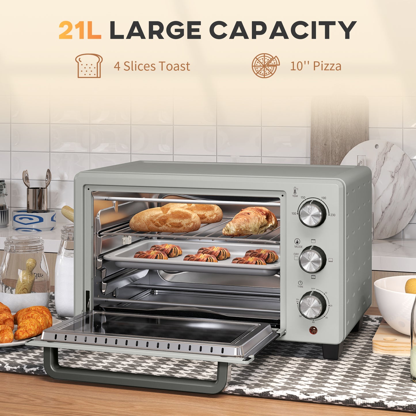 HOMCOM 21L Mini Countertop Oven, 100Â°C-230Â°C Adjustable Temp - Silver Tone