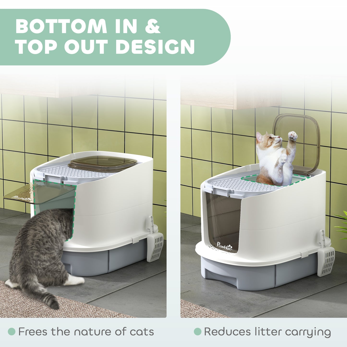 PawHut Cat Litter Box with Lid, Scoop, Deodorisation Bags, Top Entry