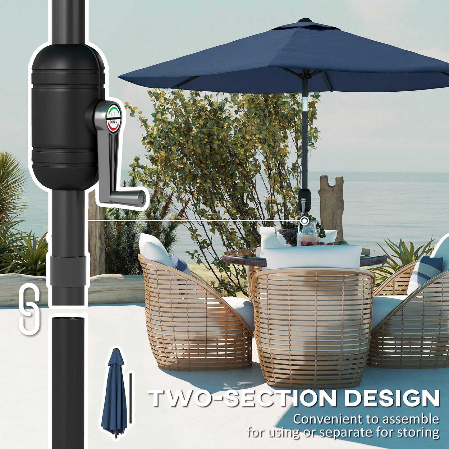 Outsunny 2.6 m Garden Parasol Umbrella with Aluminium Pole, Outdoor Patio Umbrella with Tilt and Crank, Vent, Navy Blue