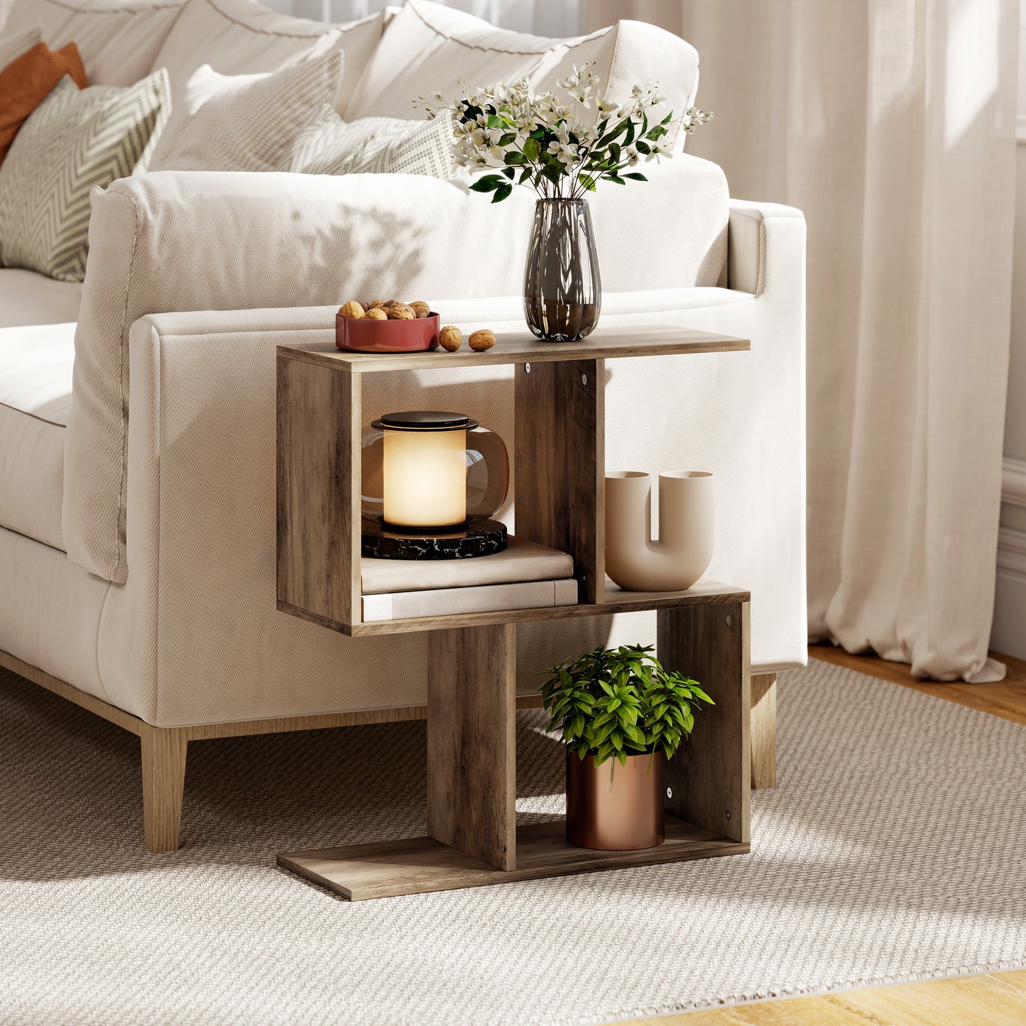 HOMCOM Side Table, Narrow End Table with Storage Shelves, S-Shaped, 3-Tier, 50W x 19.5D x 58H cm, Oak