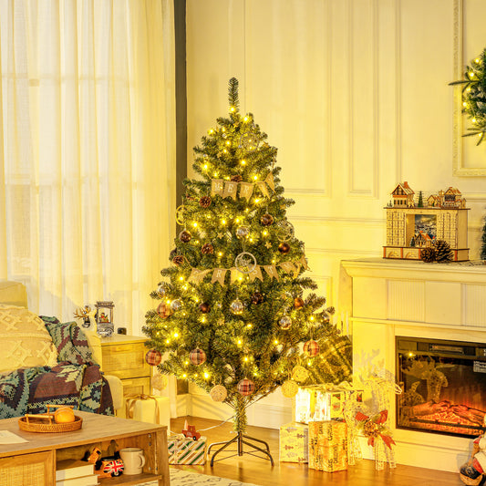 HOMCOM 6' Artificial Prelit Christmas Trees Holiday DÃ©cor with Warm White LED Lights, Decoration, Banner, Tag, Ball