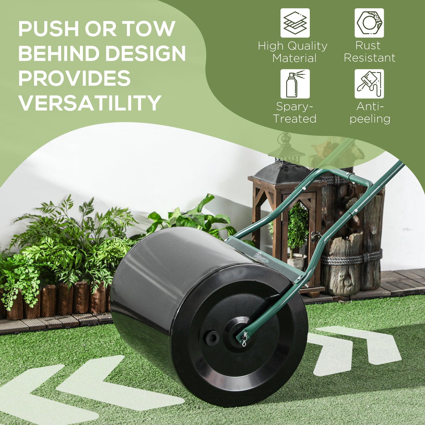 Outsunny 50cm Steel Garden Lawn Roller Push Pull w/ Fillable Cylinder Water Sand Plug Lawn Flatten Seed Sow Rolling Drum w/ Handle