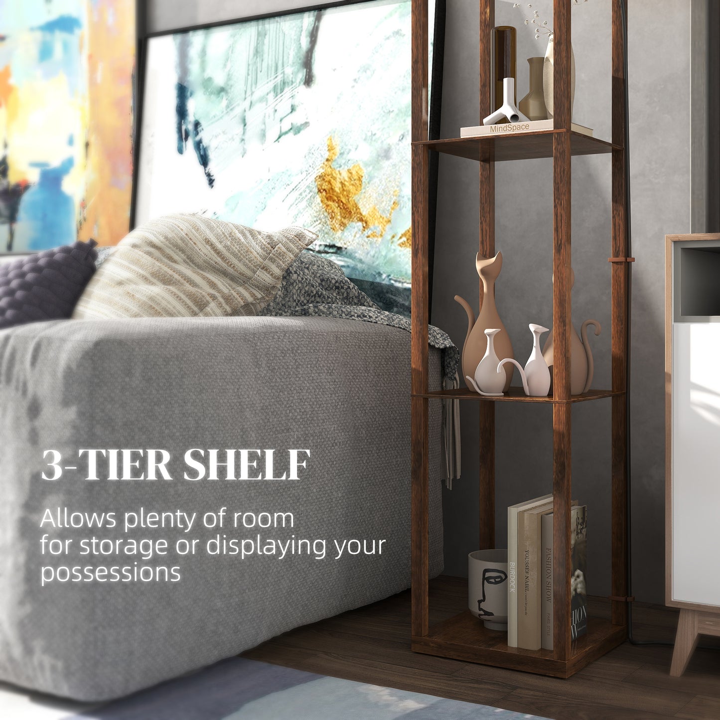 HOMCOM Three-Shelf Standing Lamp - Rustic Brown/White