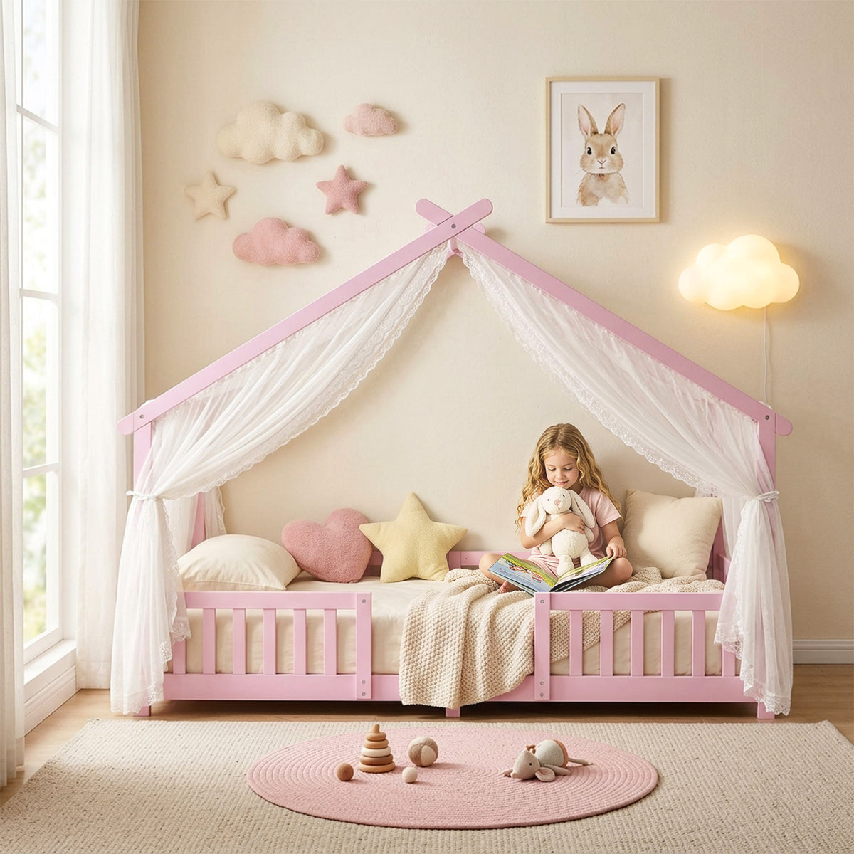 AIYAPLAY Wooden Kids House Single Bed Frame, Solid Pine Wood Toddler Bed with Dual Guardrails for Children, Boys, Girls, Pink