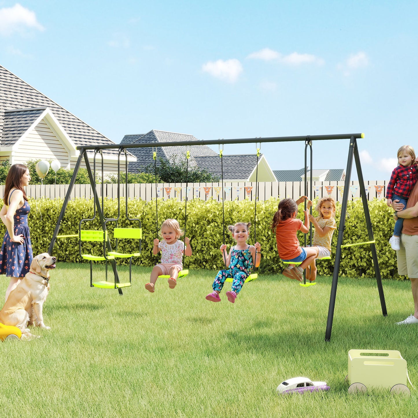 Outsunny Metal Garden Swing Set with Double Swings, Glider, Swing Seats - Green