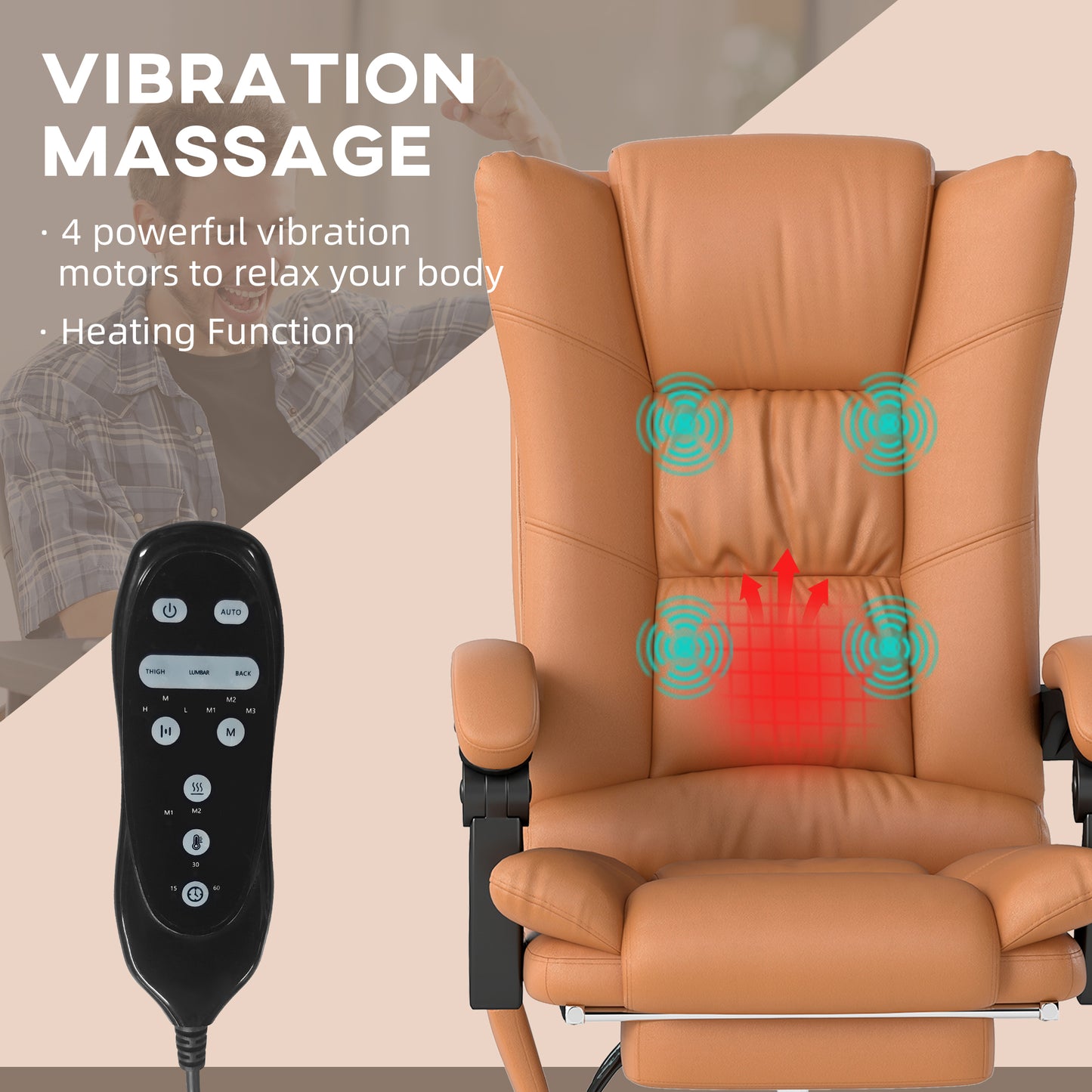 Vinsetto High Back Vibration Massage Office Chair, Heated Reclining PU Leather Computer Chair with 135Â° Reclining Back and Footrest, Light Brown