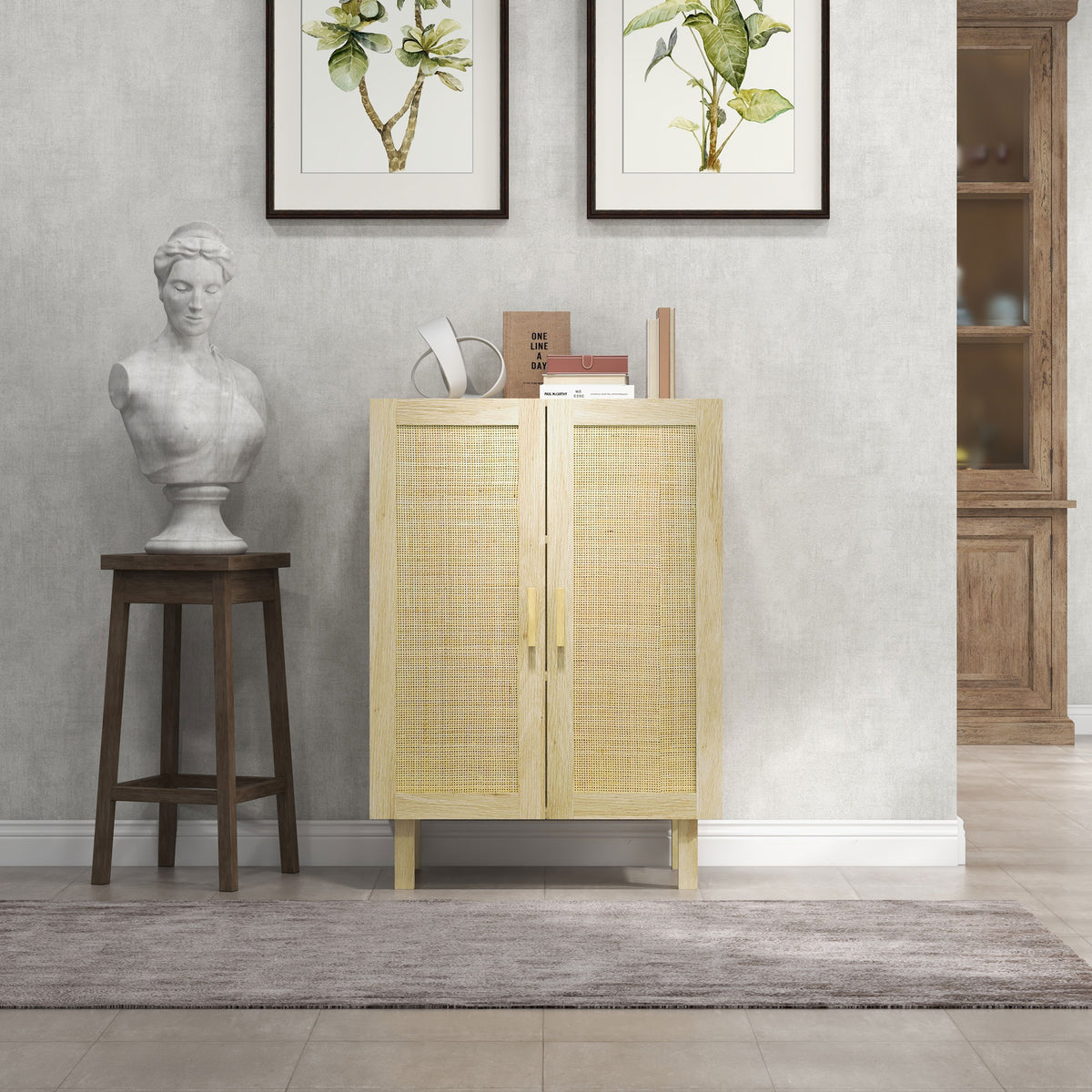 HOMCOM Sideboard Storage Cabinet, Boho Kitchen Cabinet with 2 Rattan Doors and Adjustable Shelves for Kitchen, Natural