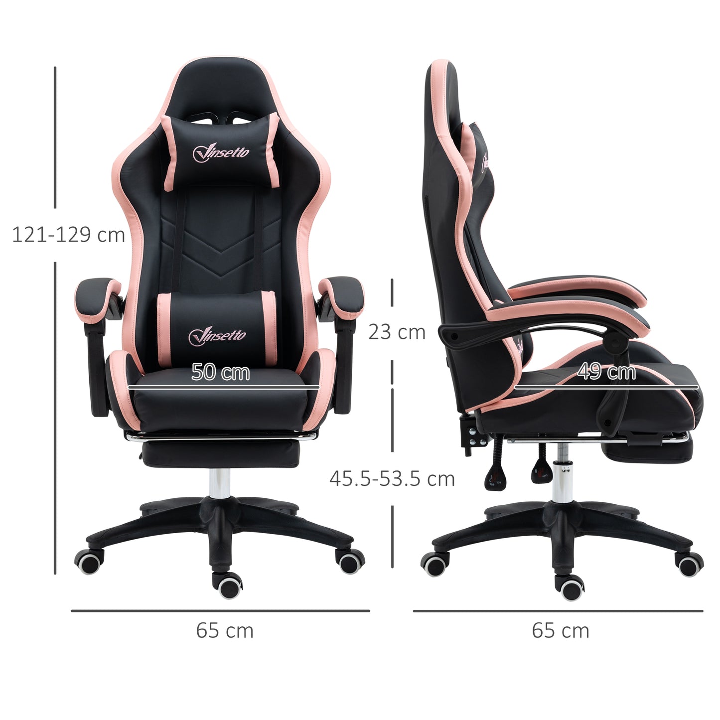 Vinsetto Computer Gaming Chair, PU Leather Office Desk Chair with Footrest, Swivel Wheels, 135° Reclining Back, Lumbar Support, Headrest for Home, Black and Pink