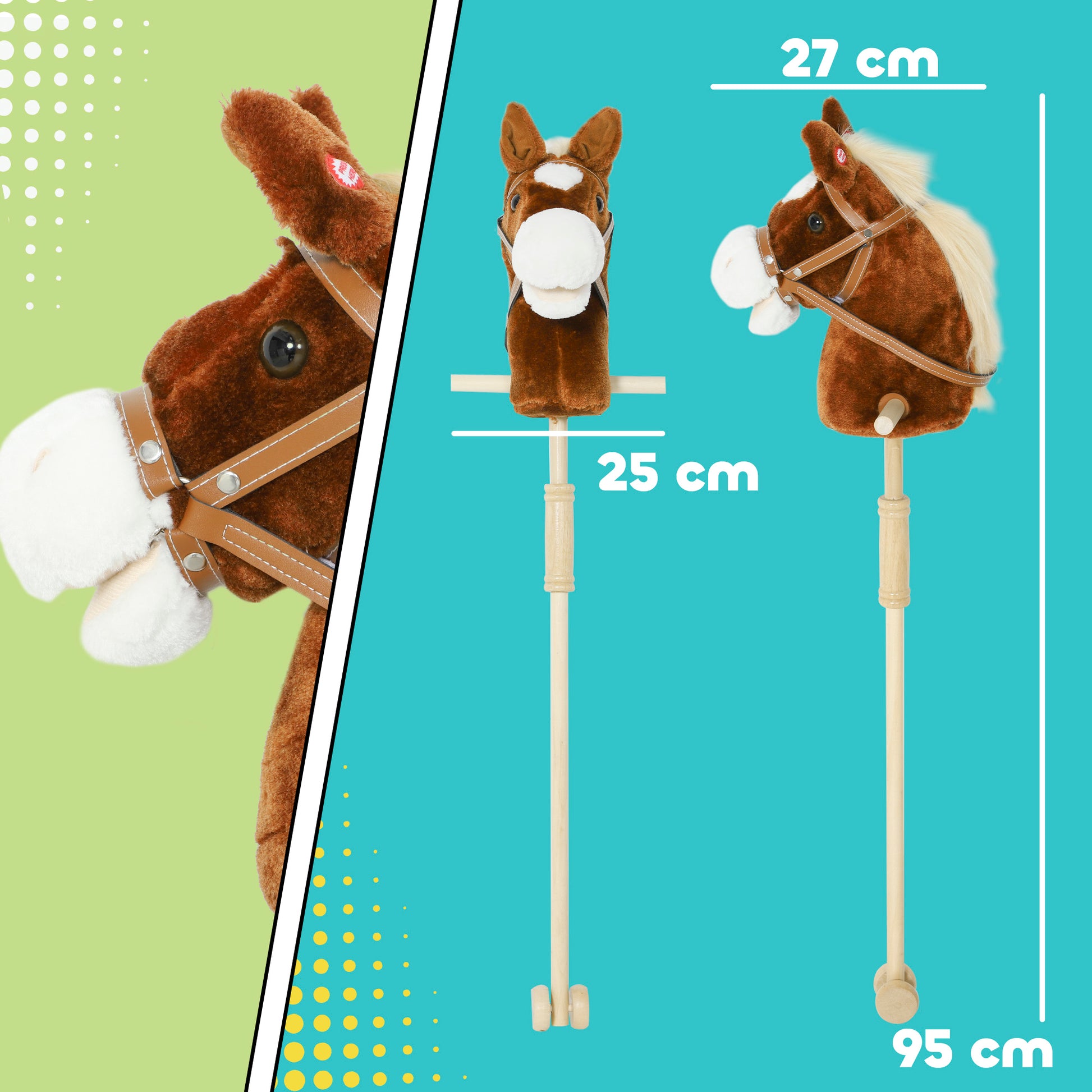 AIYAPLAY Stick Horse with Wood Wheels, Real Pony Neighing and Galloping Sounds, Grip Handle, 95 cm, Brown
