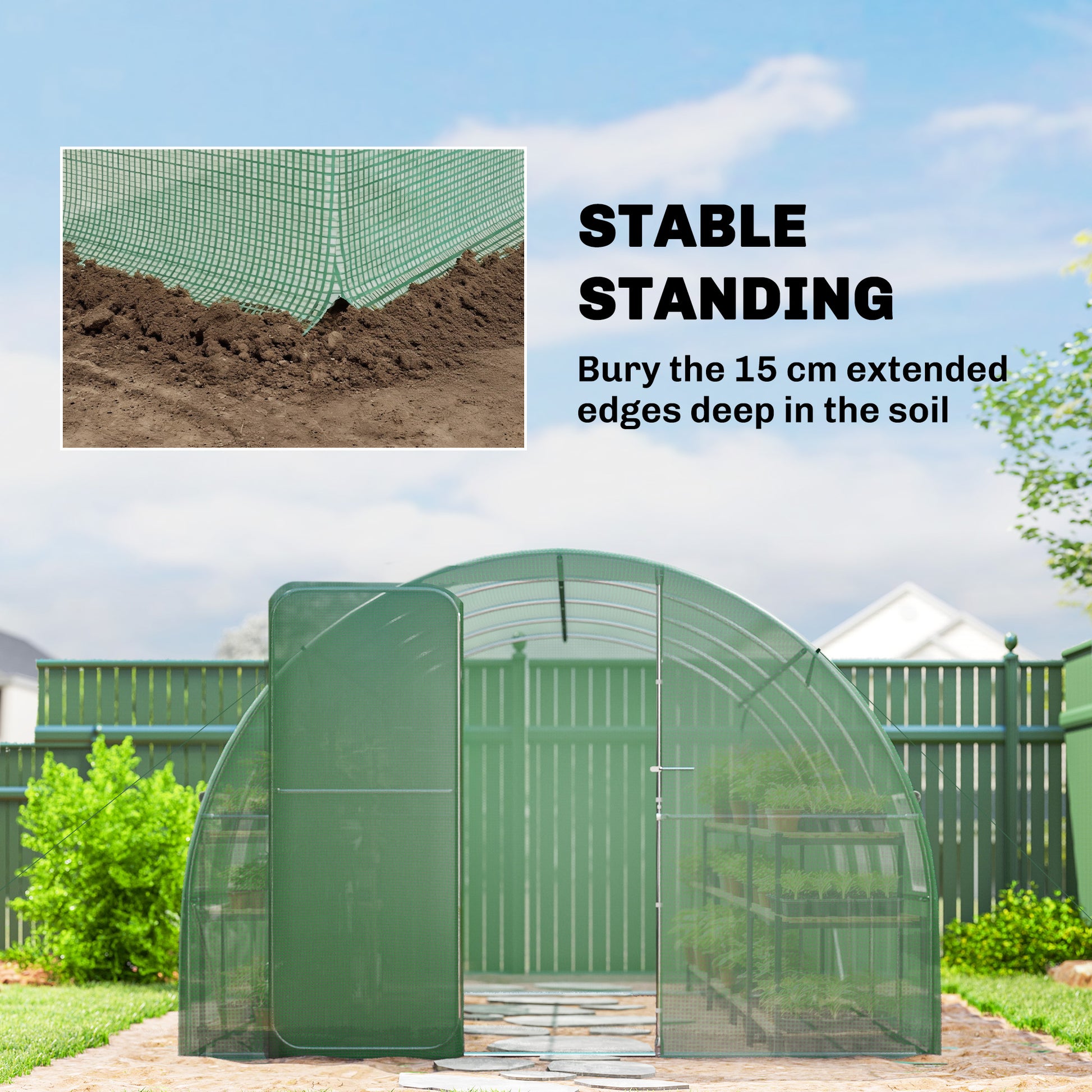 Outsunny 3 x 4 m Walk-in Polytunnel Greenhouse with Hinged Door and 8 Roll Up Mesh Windows, Garden Tunnel Warm House Tent, Green