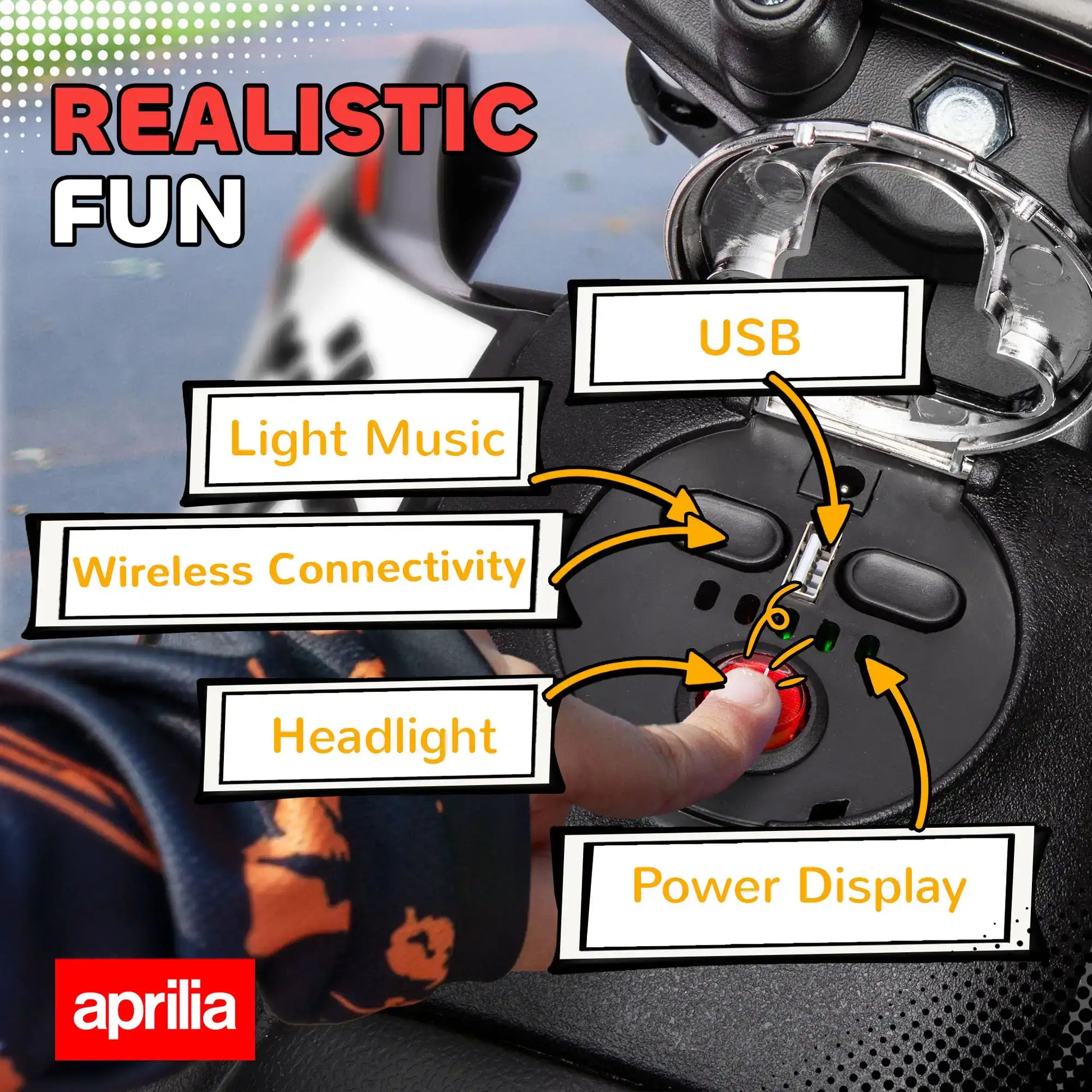 12V Aprilia Licensed Kids Motorbike with Training Wheels, Spring Suspension, LED Headlight, USB, Music, Red/Black