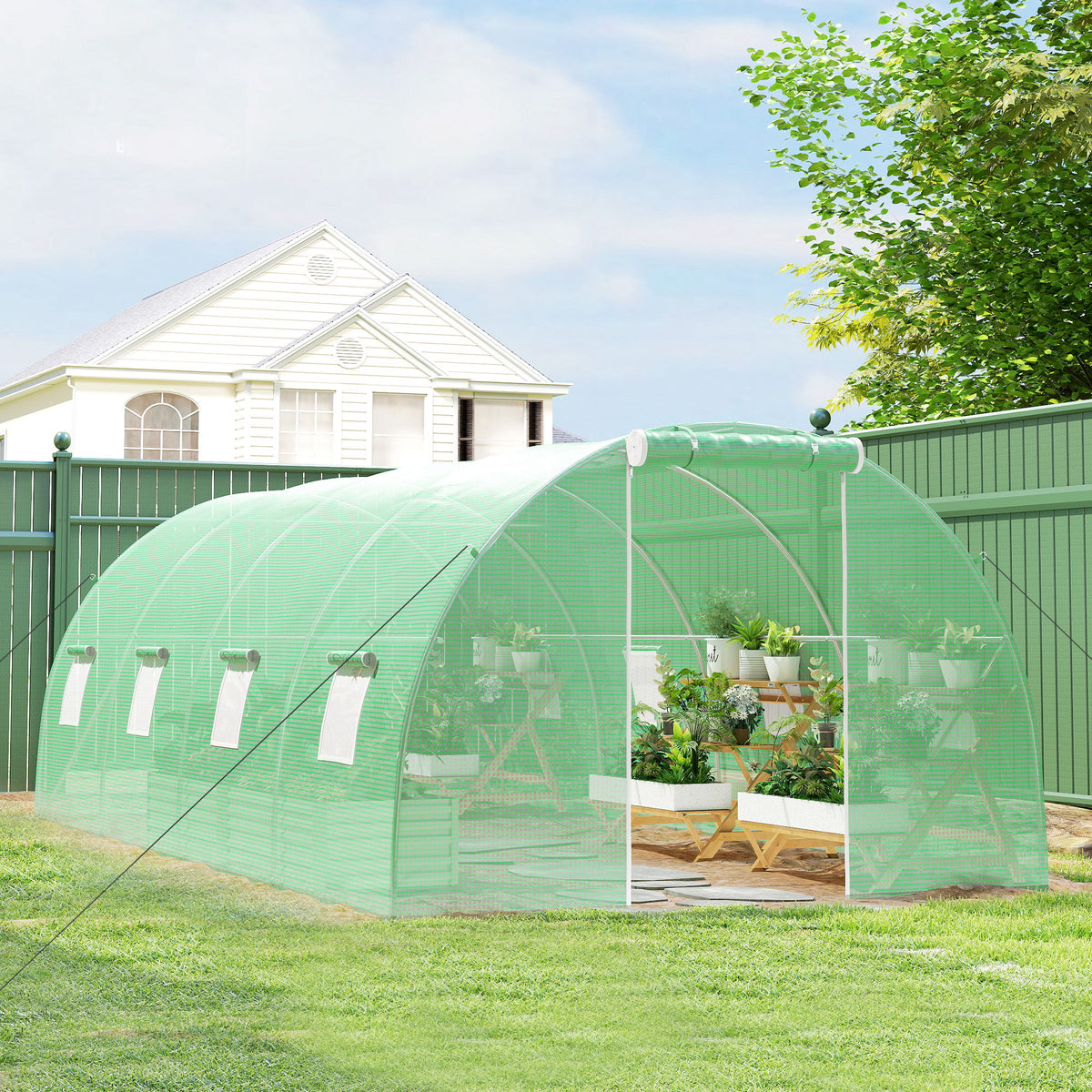 Outsunny 6 x 3 m Walk-in Polytunnel Greenhouse, Zipped Roll-Up Door, 8 Mesh Windows, UV-Resistant PE Cover, Green