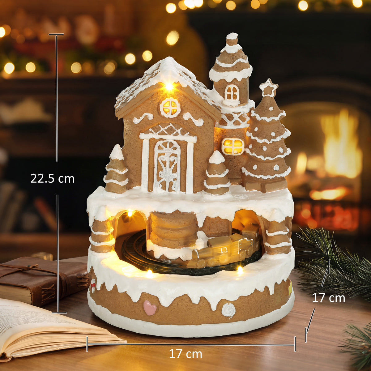 HOMCOM Christmas Gingerbread House, Lighted Musical Snow Village with Rotating Train, LEDs, Tunes, Battery Operated
