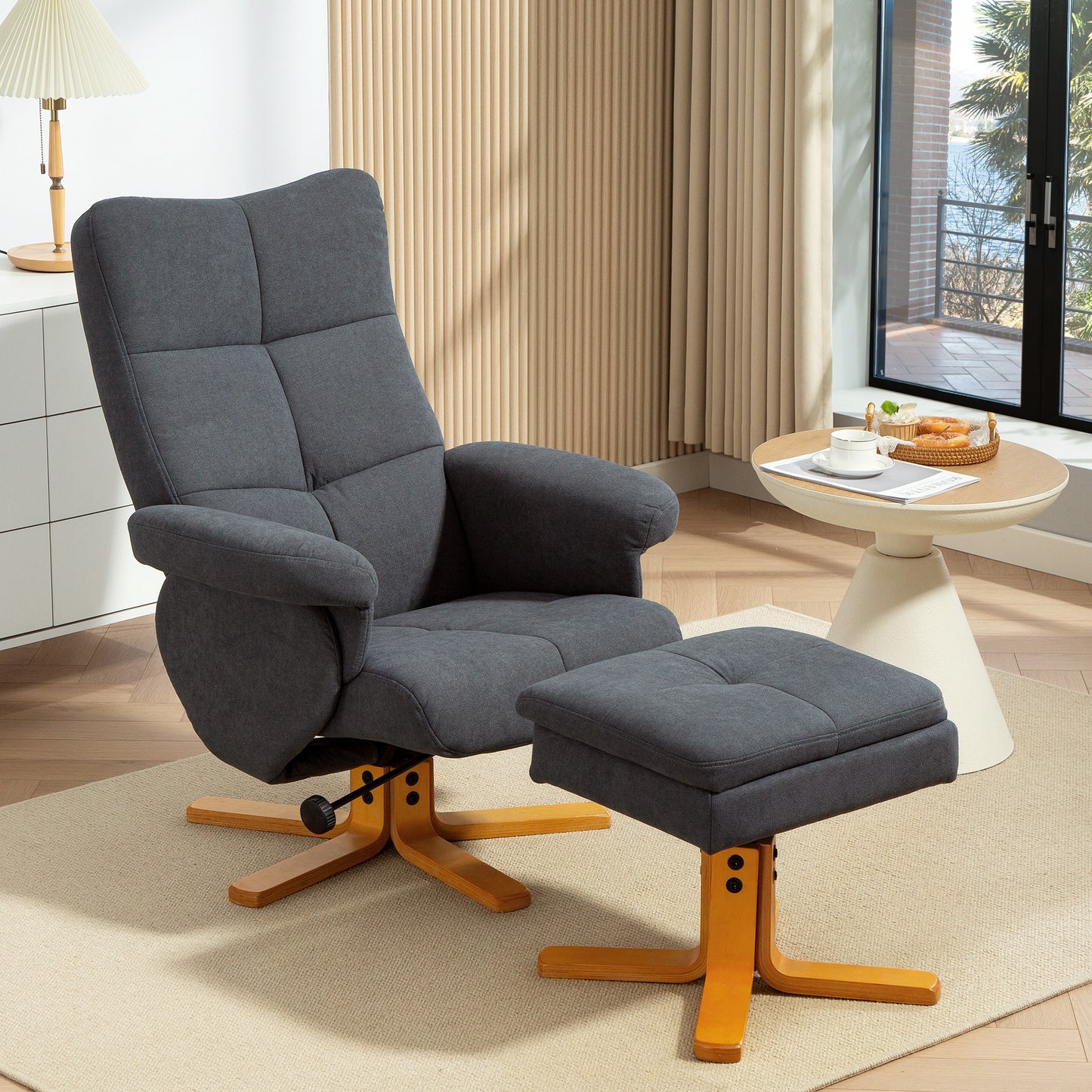 HOMCOM Linen-Look Recliner, with Storage Ottoman - Grey