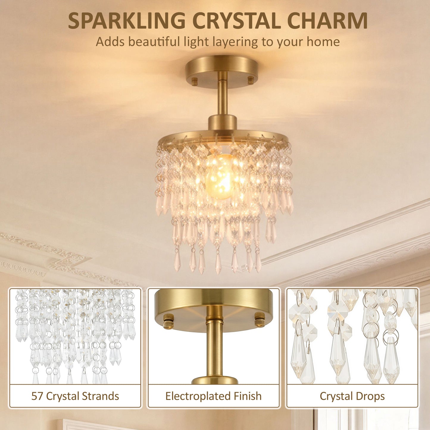 HOMCOM Crystal Ceiling Light with 57 Crystal Strands, Ceiling Light with Mounting Plate for Hallway, Gold Tone