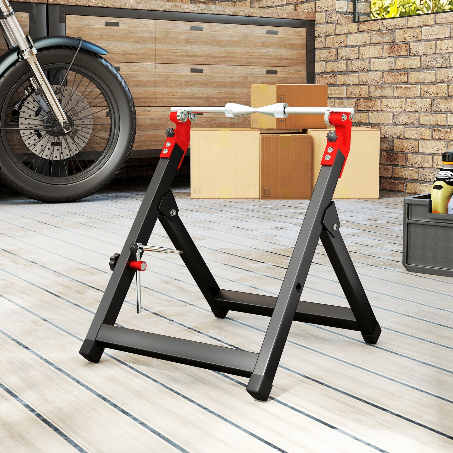 HOMCOM Foldable Motorcycle Wheel Balancer Truing Stand with Spoke Wrench, Steel Bike Tyre Rim Balancing Stand with Aluminium Shaft, Fits Wheels up to 23" in Diameter, 5" in Width, Black