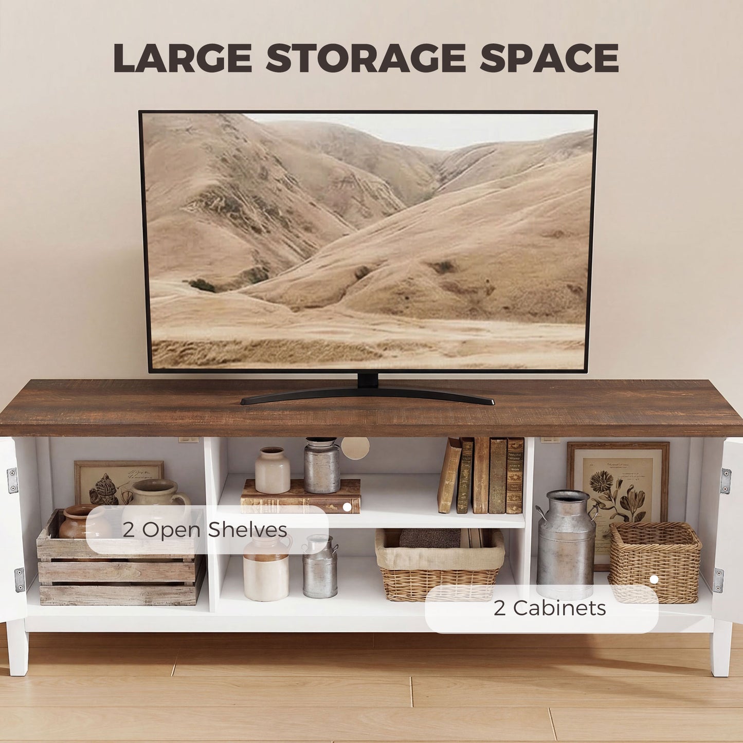 HOMCOM TV Unit for TVs up to 42 Inch, Farmhouse Entertainment Centre with 2 Open Shelves, 2 Cabinets and Thick Top