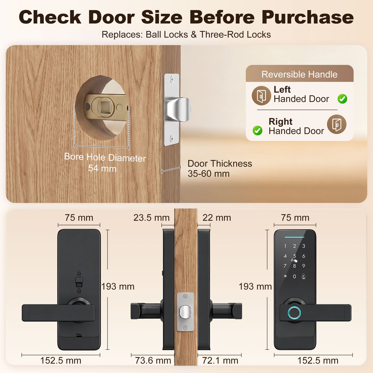 HOMCOM Smart Door Lock, 5-in-1 (Fingerprint/Passcode/Bluetooth APP/NFC Card/Key), Built-in Doorbell, Keyless Electronic Lock