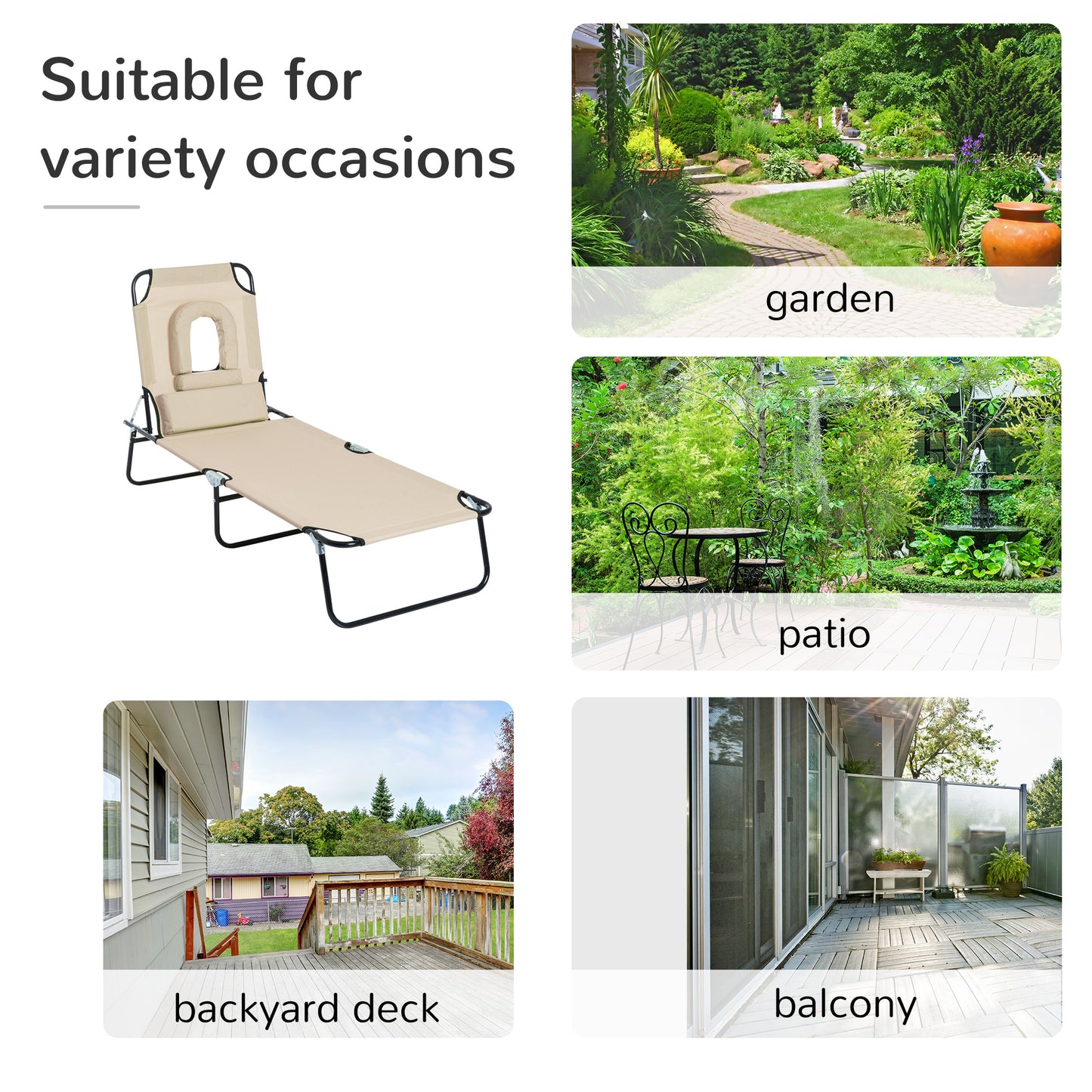 Outsunny Outdoor Folding Sun Lounger with Face Hole, 4 Level Adjustable Backrest Reclining Garden Lounger, Garden Recliner Sunbed with 600 D Oxford Cloth Seat and Pillow for Beach, Beige