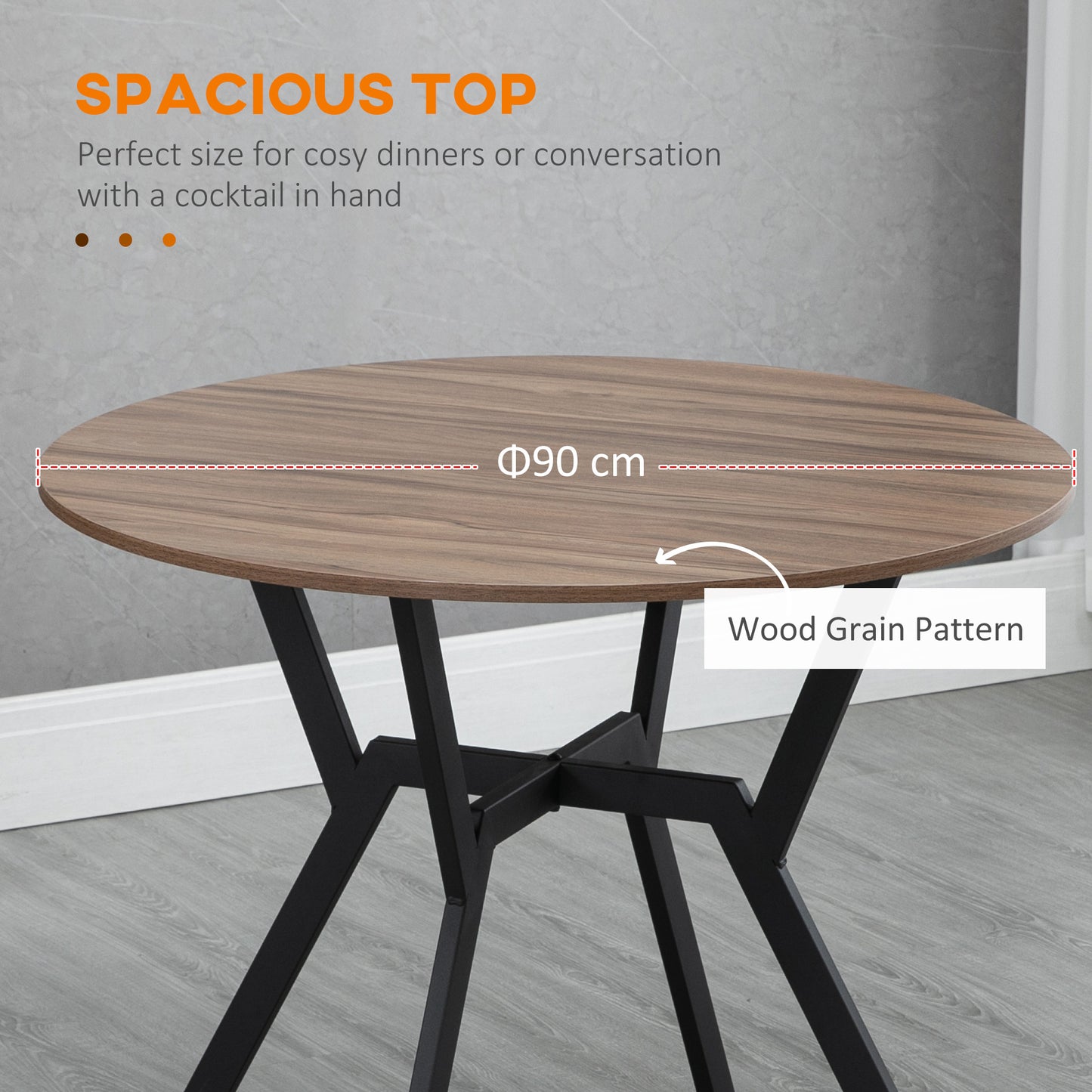 HOMCOM Dining Table, Round Kitchen Table with Black Legs, Anti-slip Foot Pads for Living Room, Dining Room 90 x 76 cm, Brown