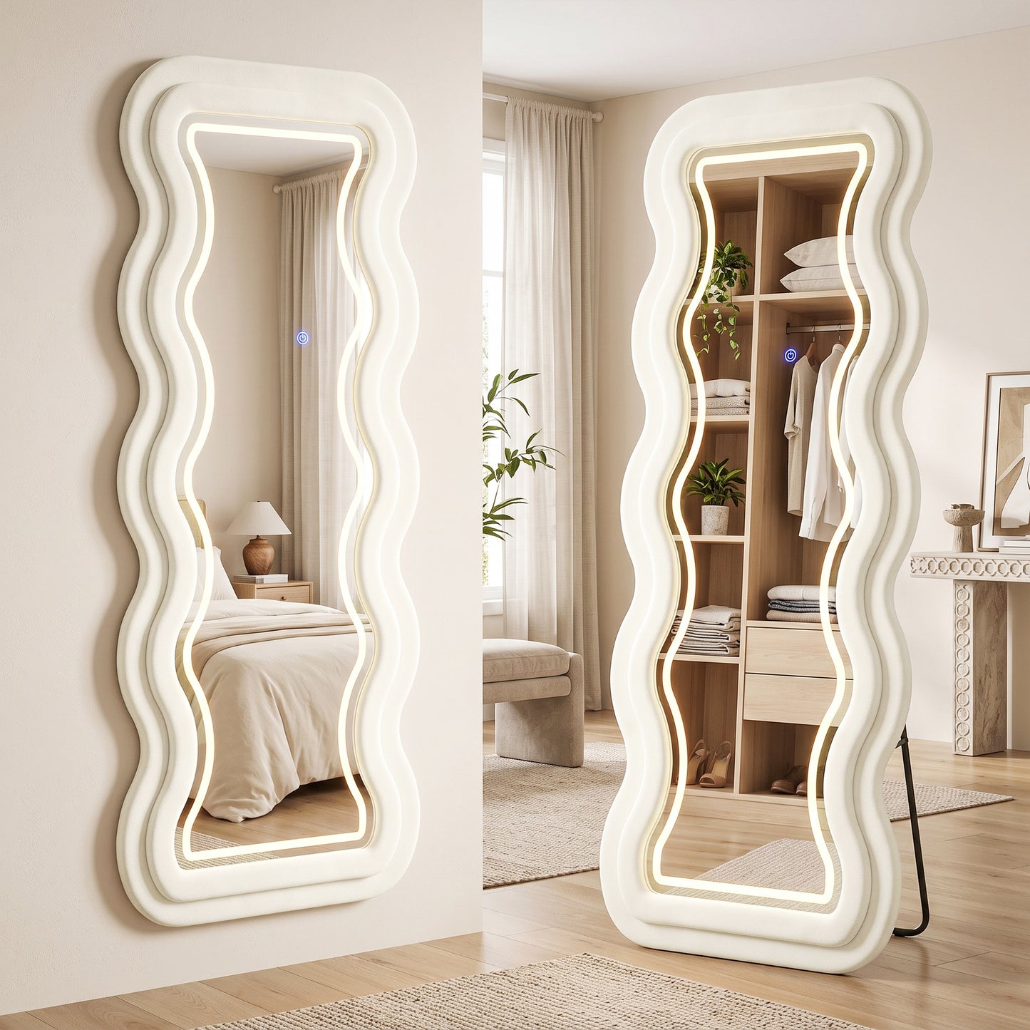 HOMCOM Full Length Mirror, 160 x 60 cm Wavy Full Body Wall Standing Mirror with Velvet Frame and Tempered Glass, Cream White